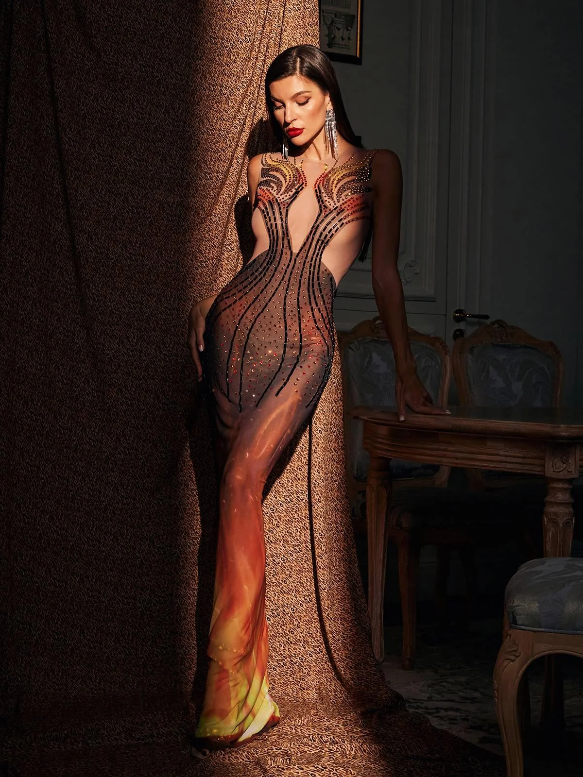 Sparkling Rhinestone Maxi Dress - Elegant Fire Print Style