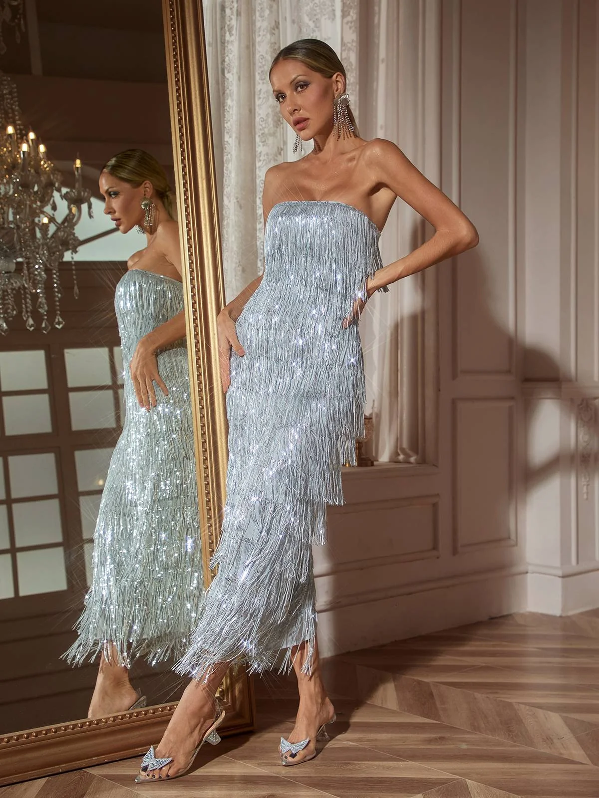 Silver Sequin Fringe Cocktail Midi Dress - Elegant & Glamorous
