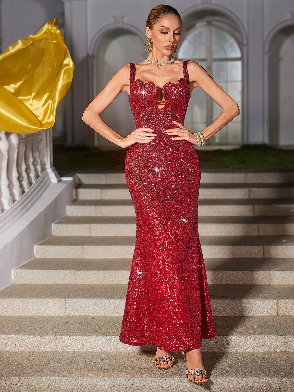 Red Sequin Heart Midi Dress - Elegant & Stunning Design