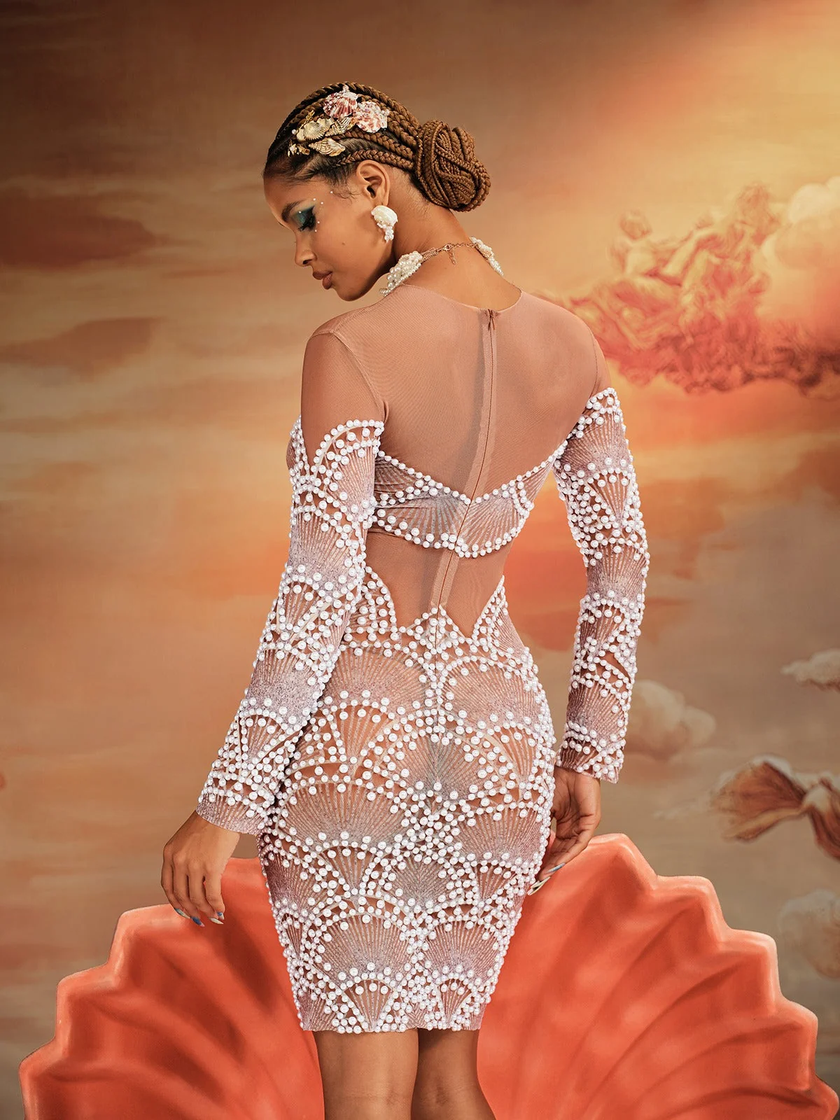 Elegant Pearl Mesh Sheer Mini Dress