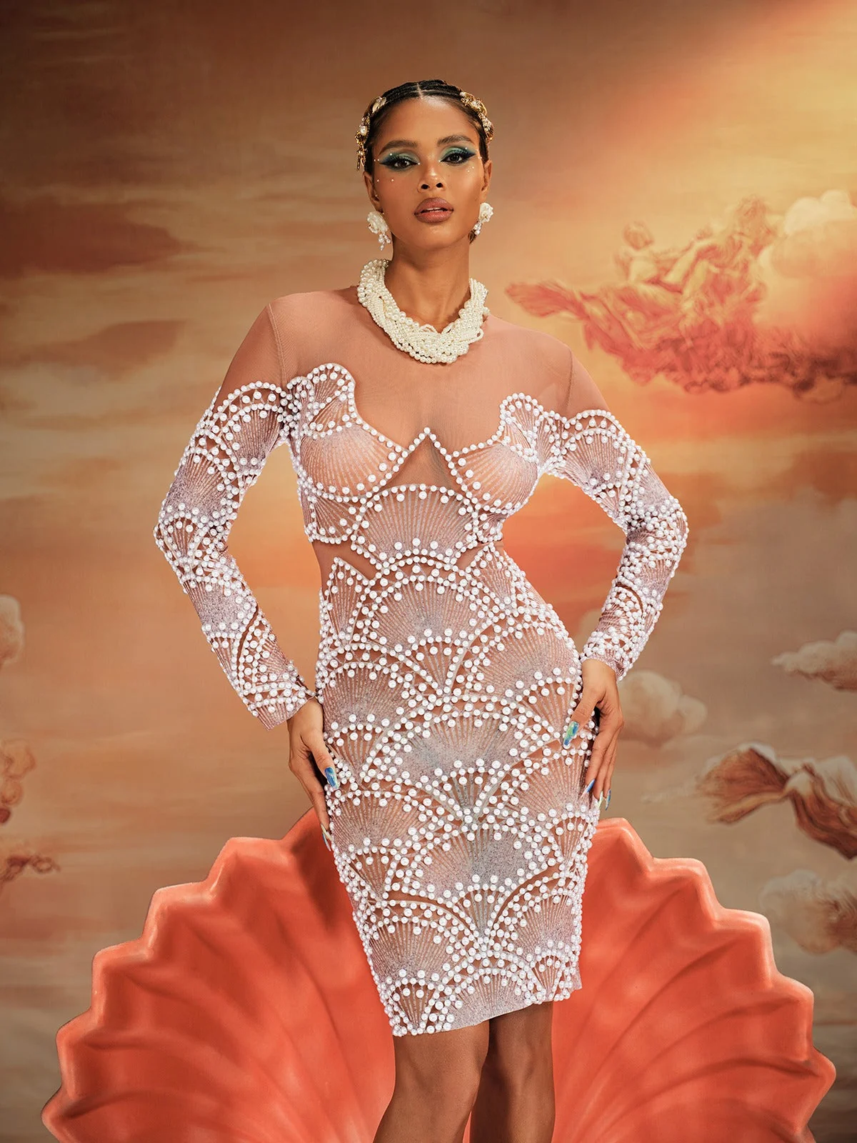 Elegant Pearl Mesh Sheer Mini Dress