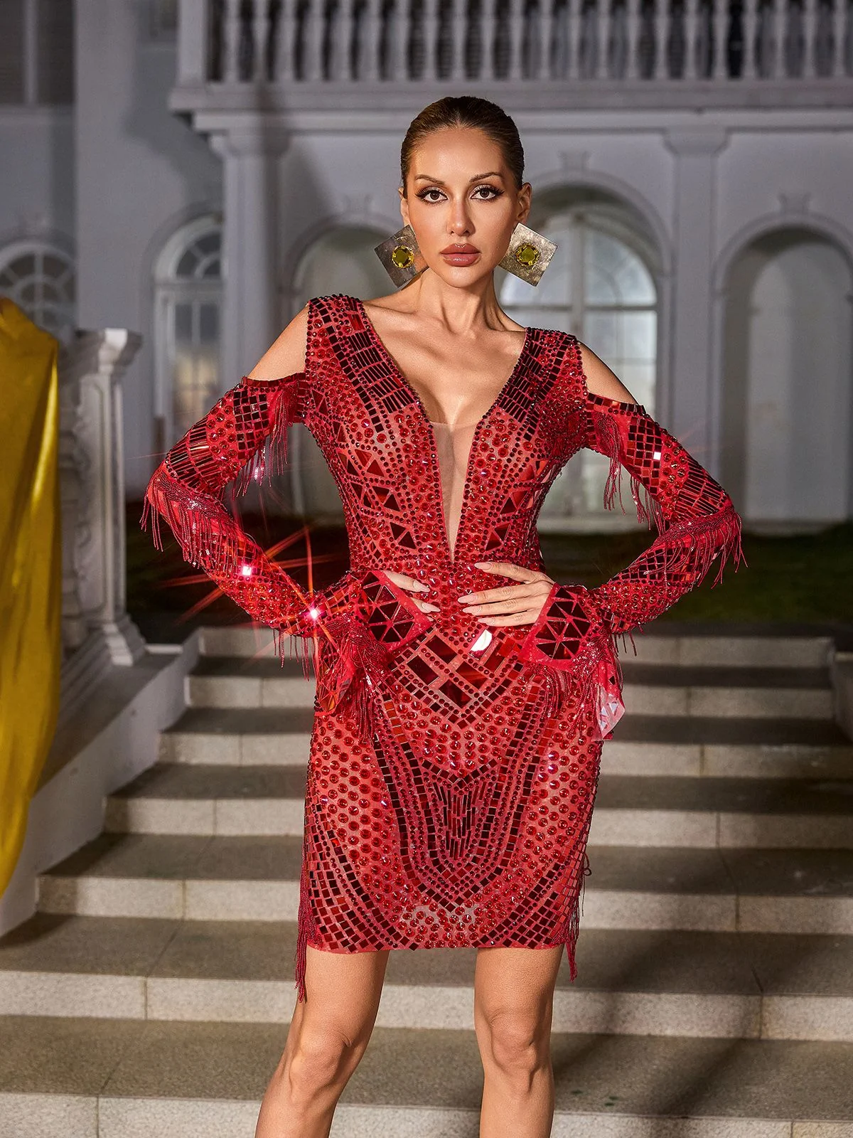 Red Rhinestone Fringe Mini Dress - Party Style