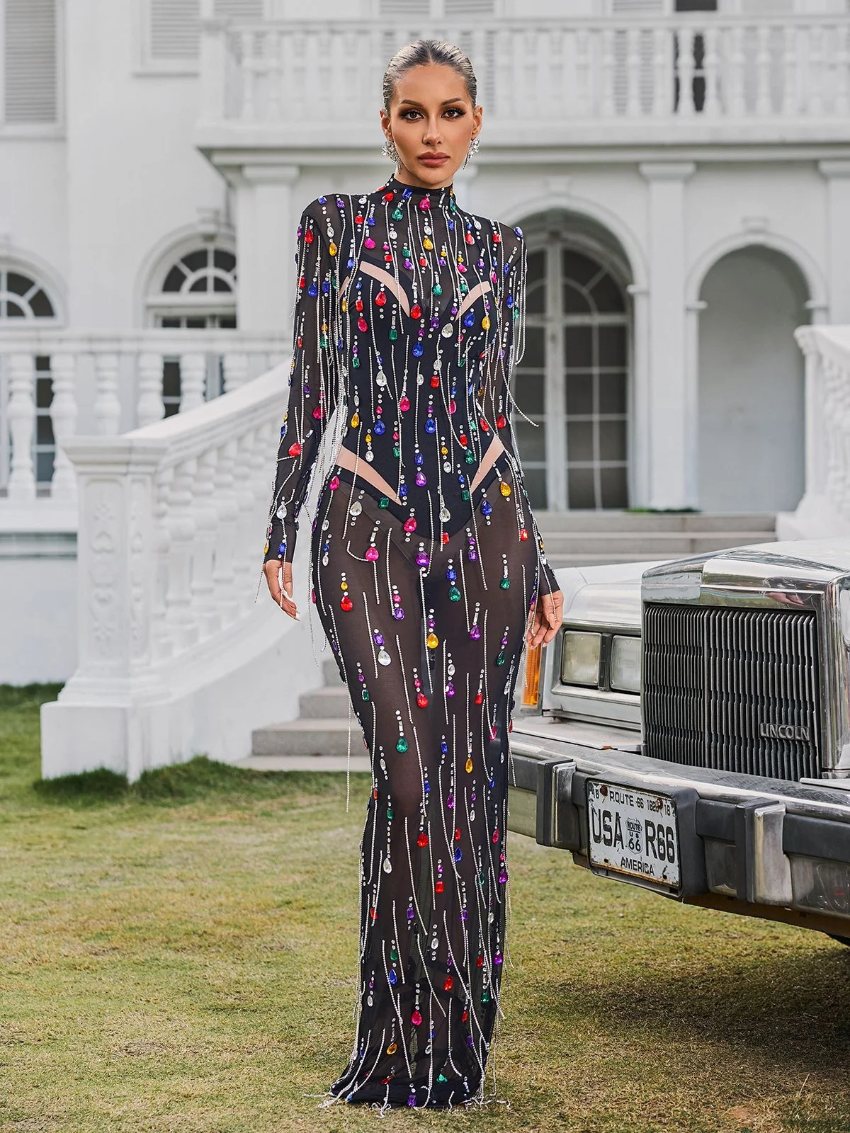 Elegant Fringe Mesh Maxi Dress - Black Long Sleeve