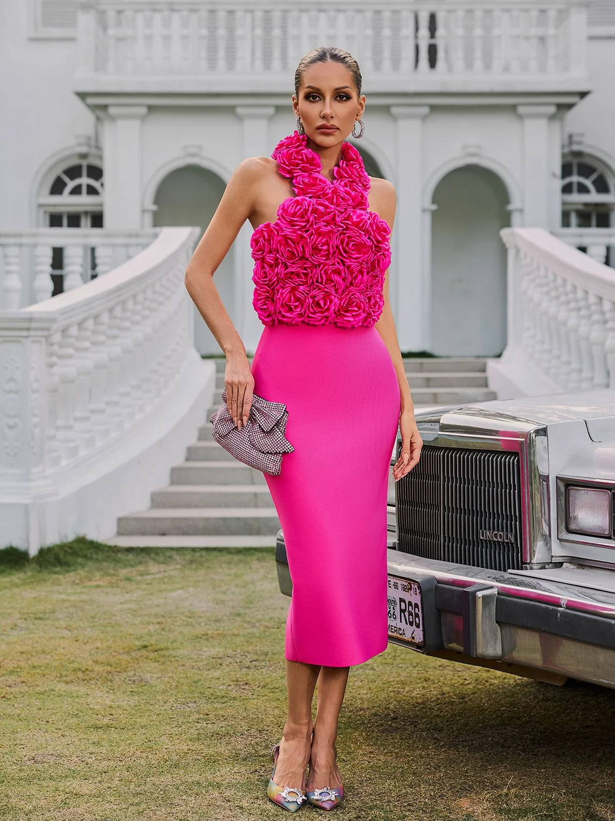 Hot Pink Halterneck Bandage Dress - Stylish Flower Midi Look