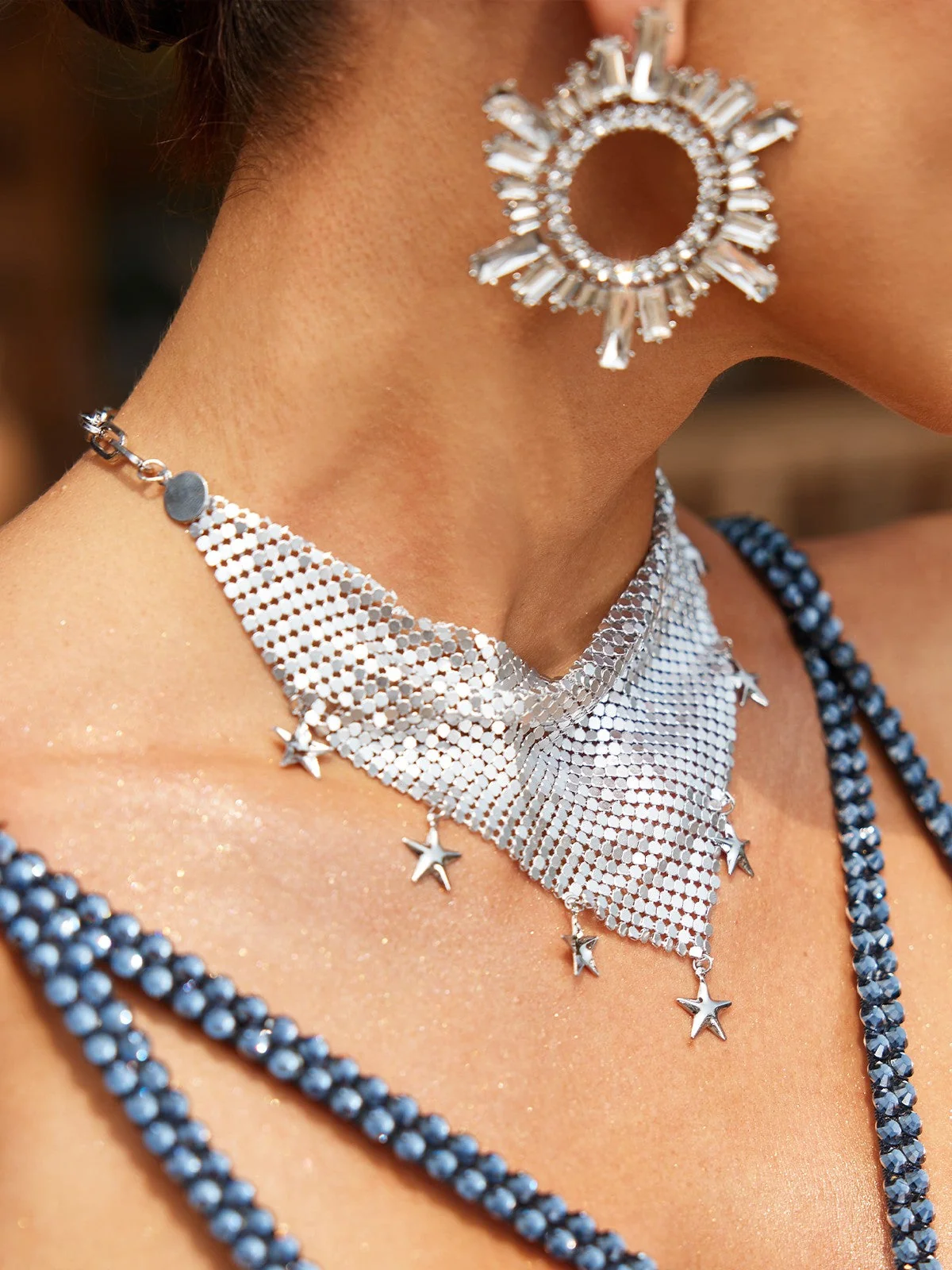 Elegant Star Pendant Chainmail Necklace - Silver Tone