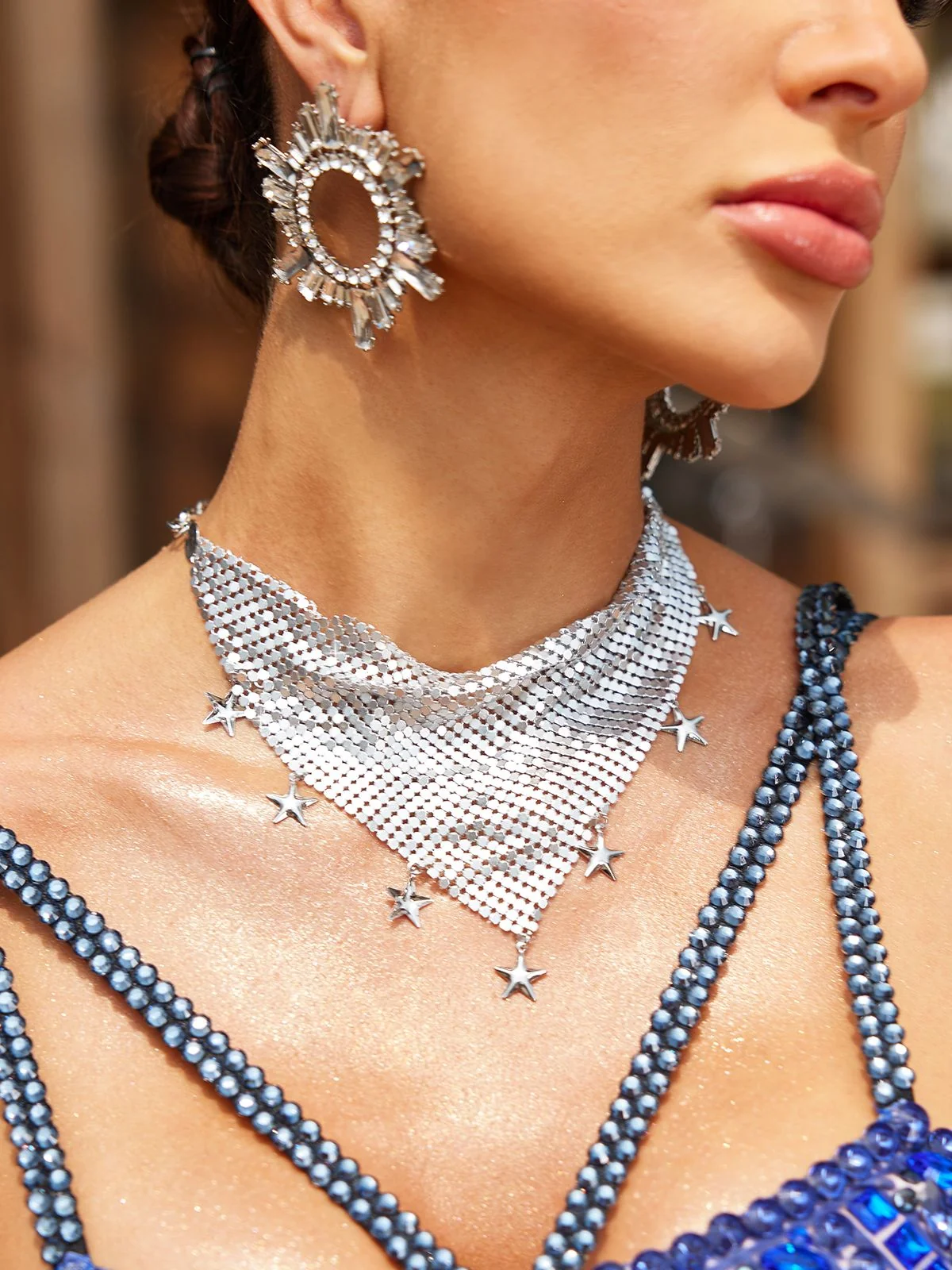 Elegant Star Pendant Chainmail Necklace - Silver Tone