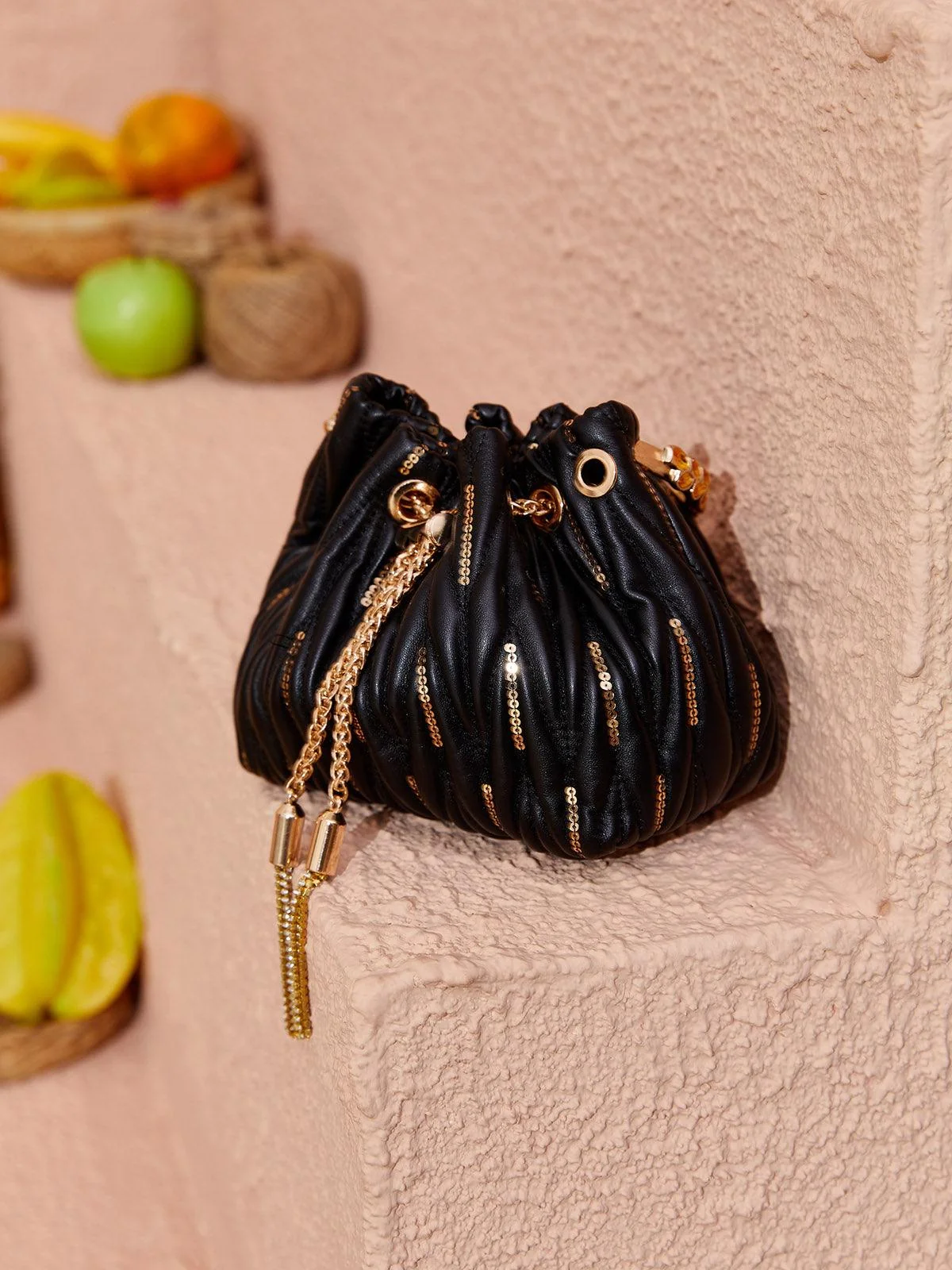 Black Sequin Bucket Bag with Premium PU Leather - Stylish and Durable