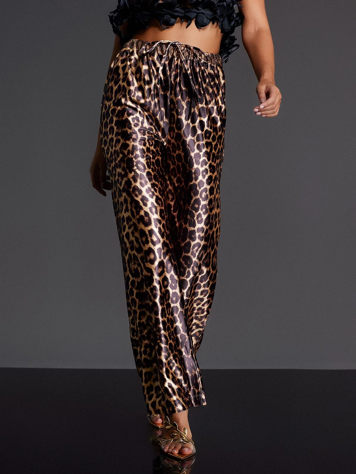 Leopard Satin Pants in Brown | Elegant Womens Bottoms