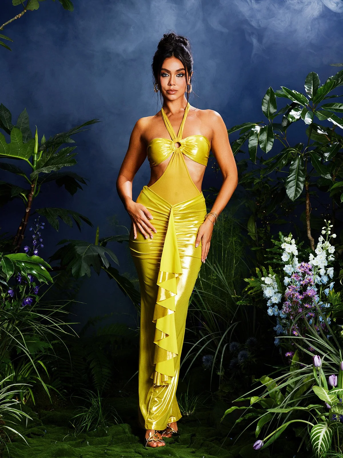 Yellow Halterneck Ruched Skirt Set
