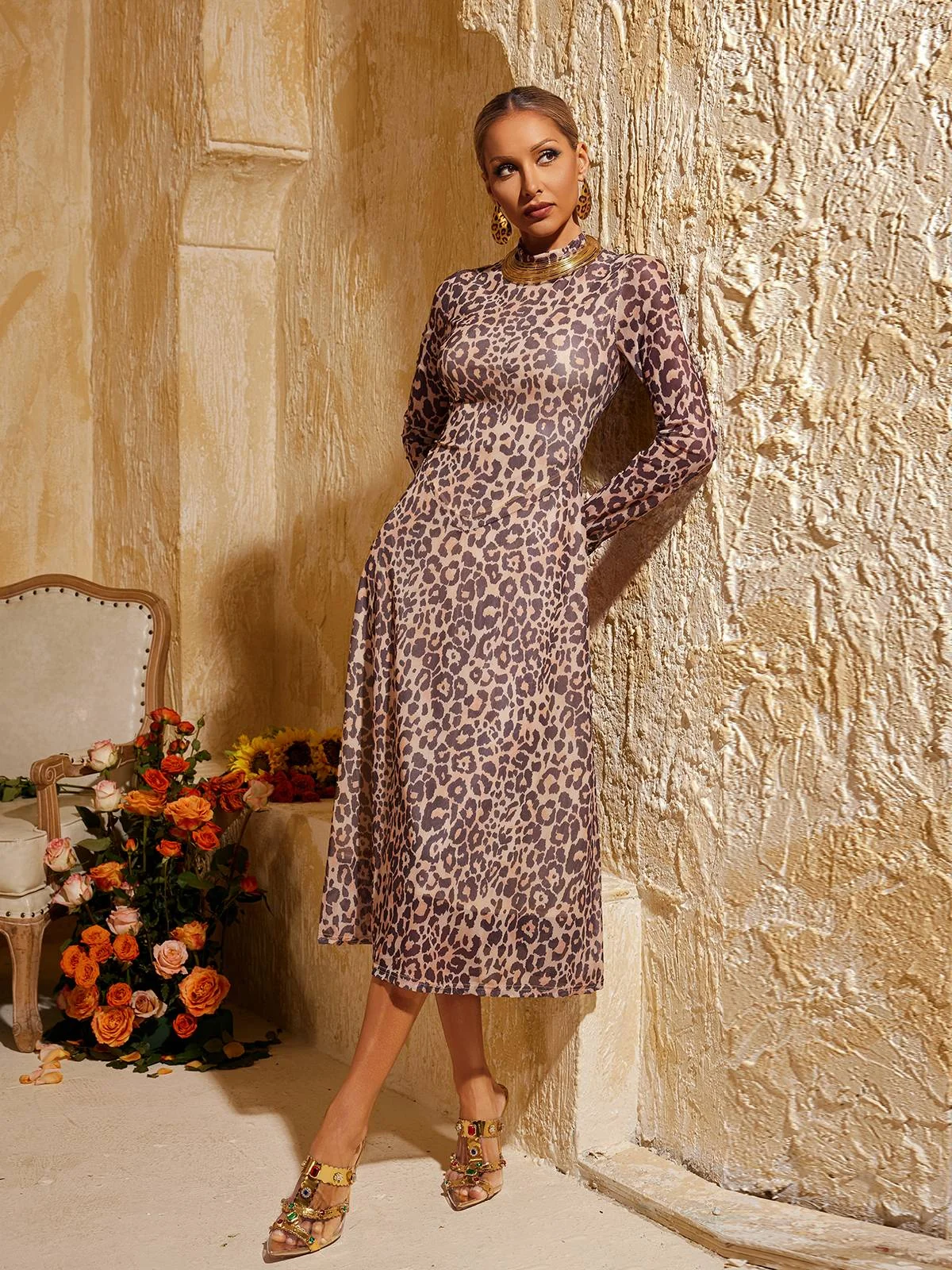 Leopard Print Brown Midi Dress with Long Sleeves