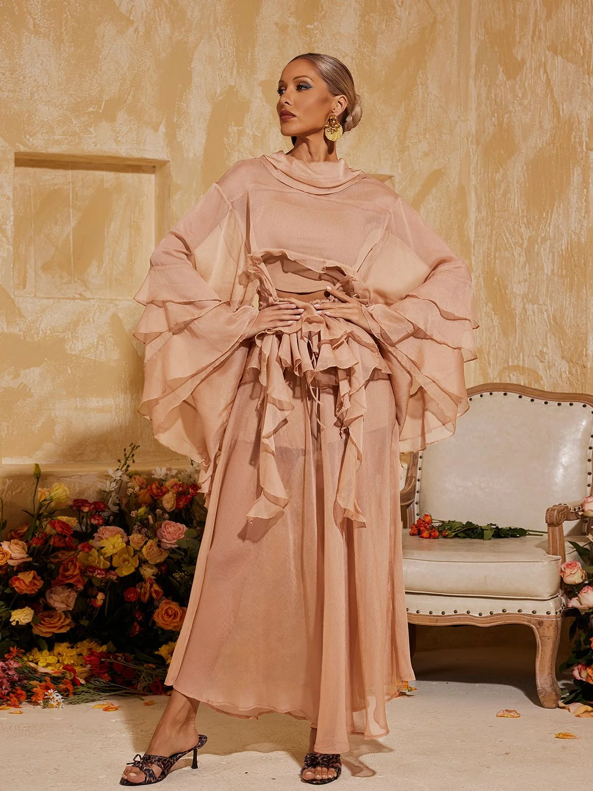 Ruffle Tiered Skirt Dress Set in Elegant Pink