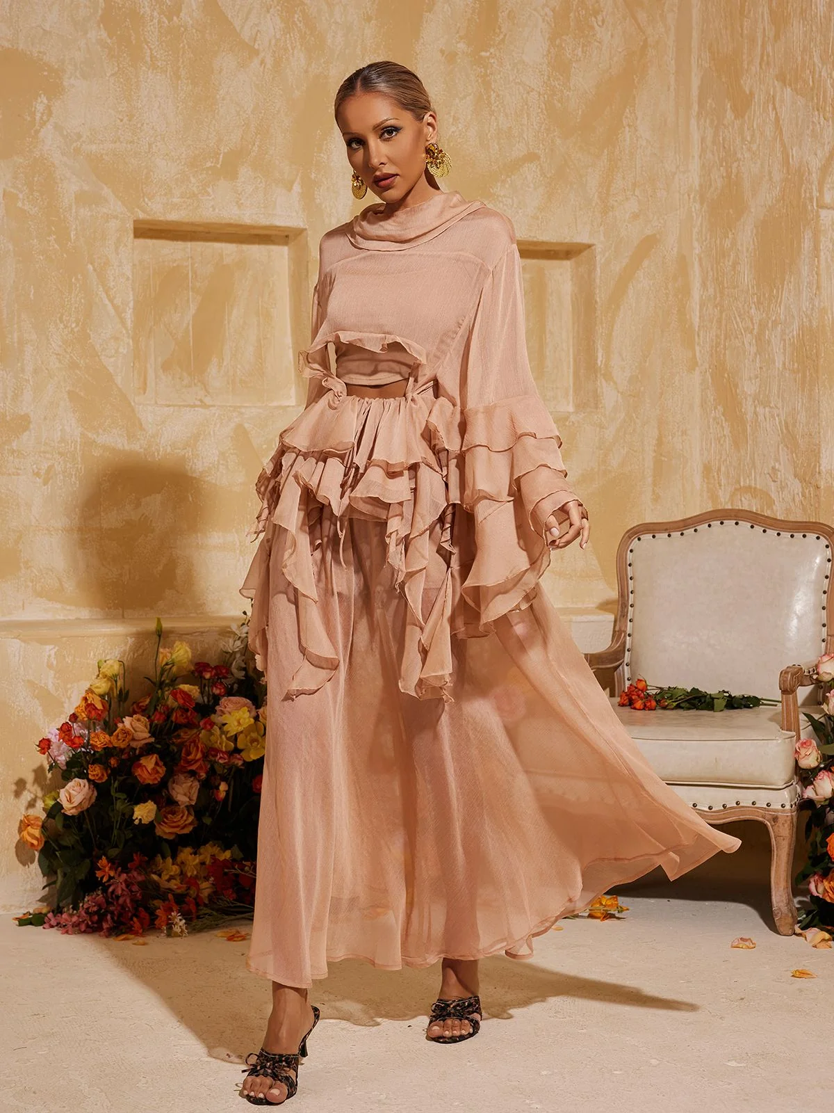 Ruffle Tiered Skirt Dress Set in Elegant Pink