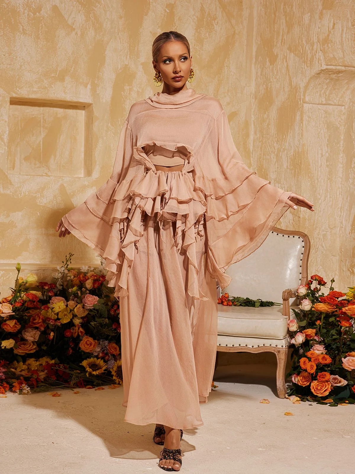 Ruffle Tiered Skirt Dress Set in Elegant Pink