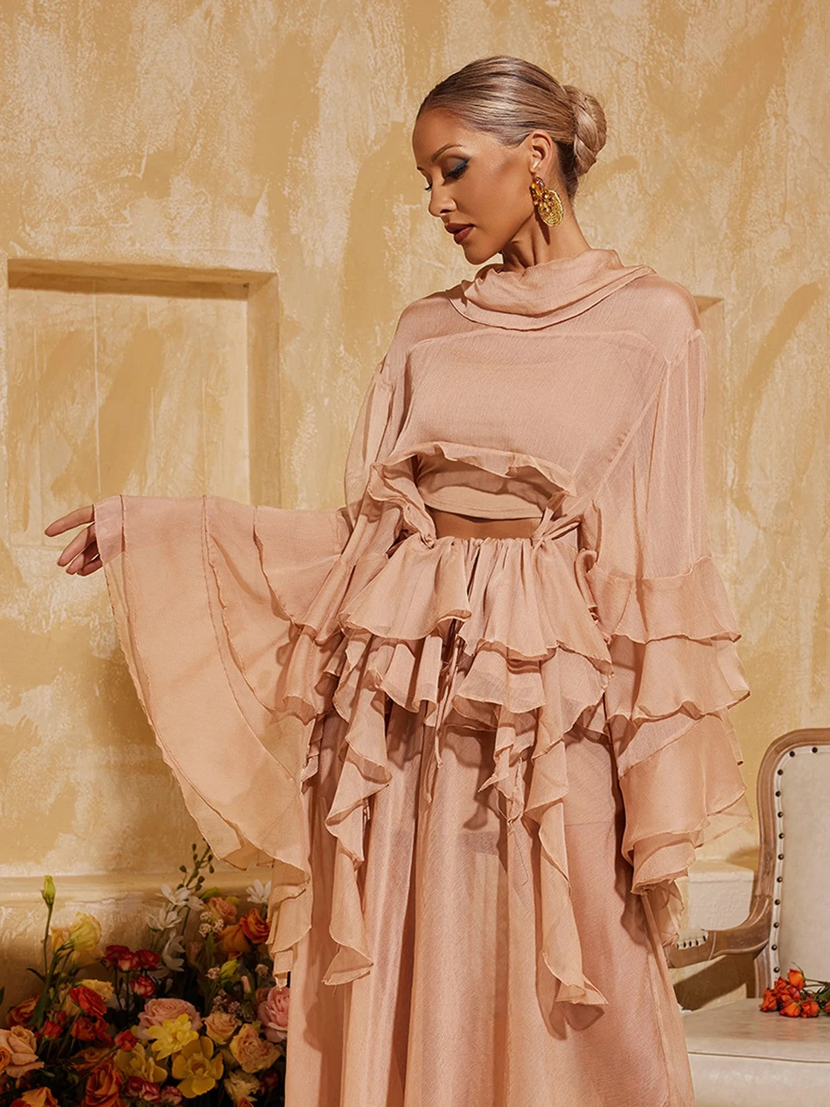 Ruffle Tiered Skirt Dress Set in Elegant Pink