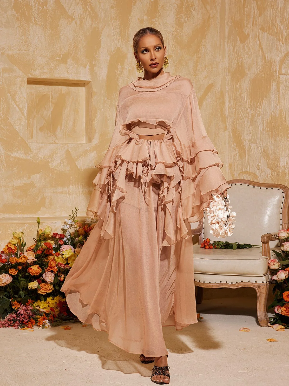 Ruffle Tiered Skirt Dress Set in Elegant Pink