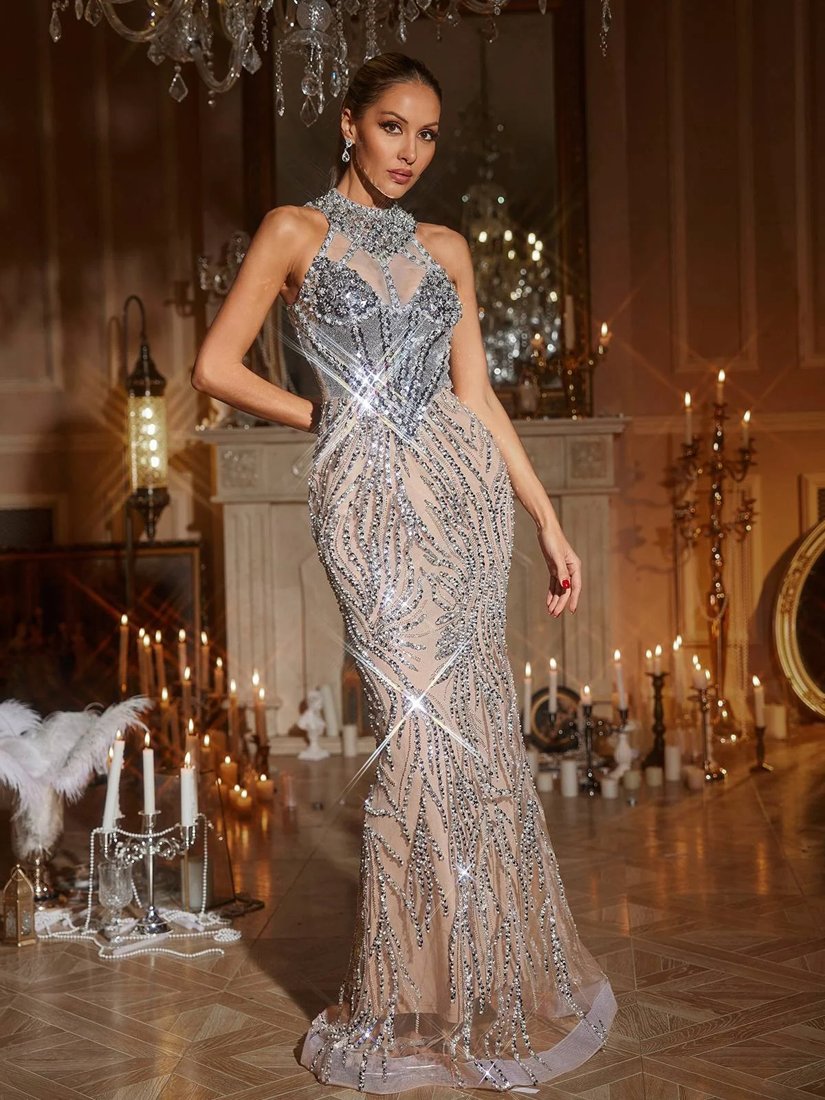 Sequin Halter Neck Maxi Dress - Glamorous Evening Wear