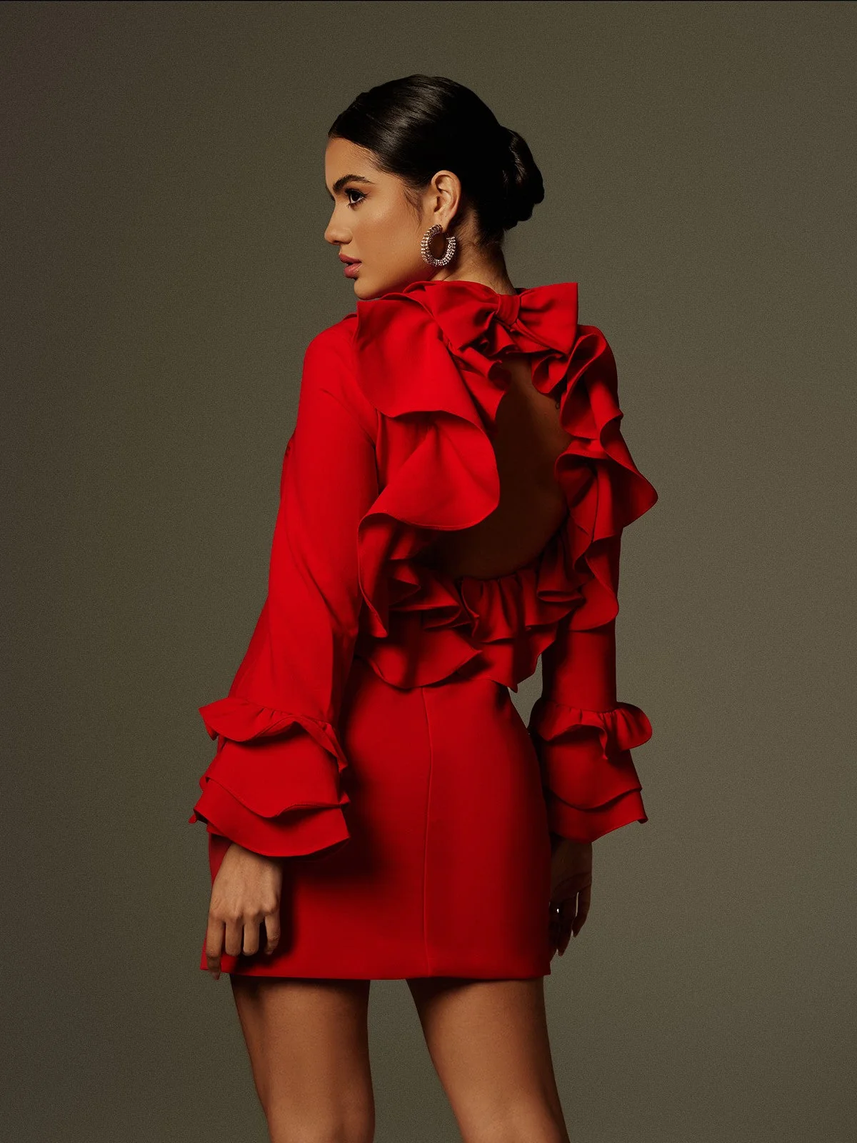 Red Flounce Sleeve Bow Backless Mini Dress