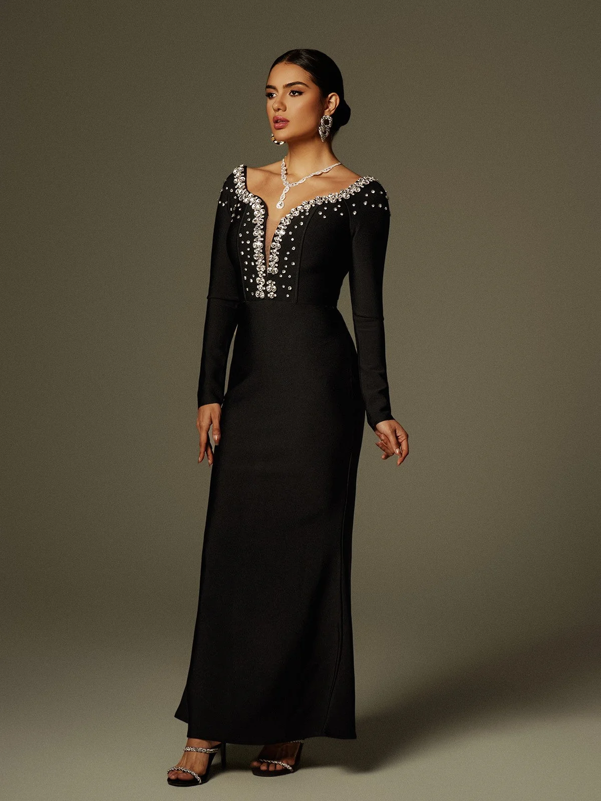 Black V Neck Rhinestone Bandage Maxi Dress