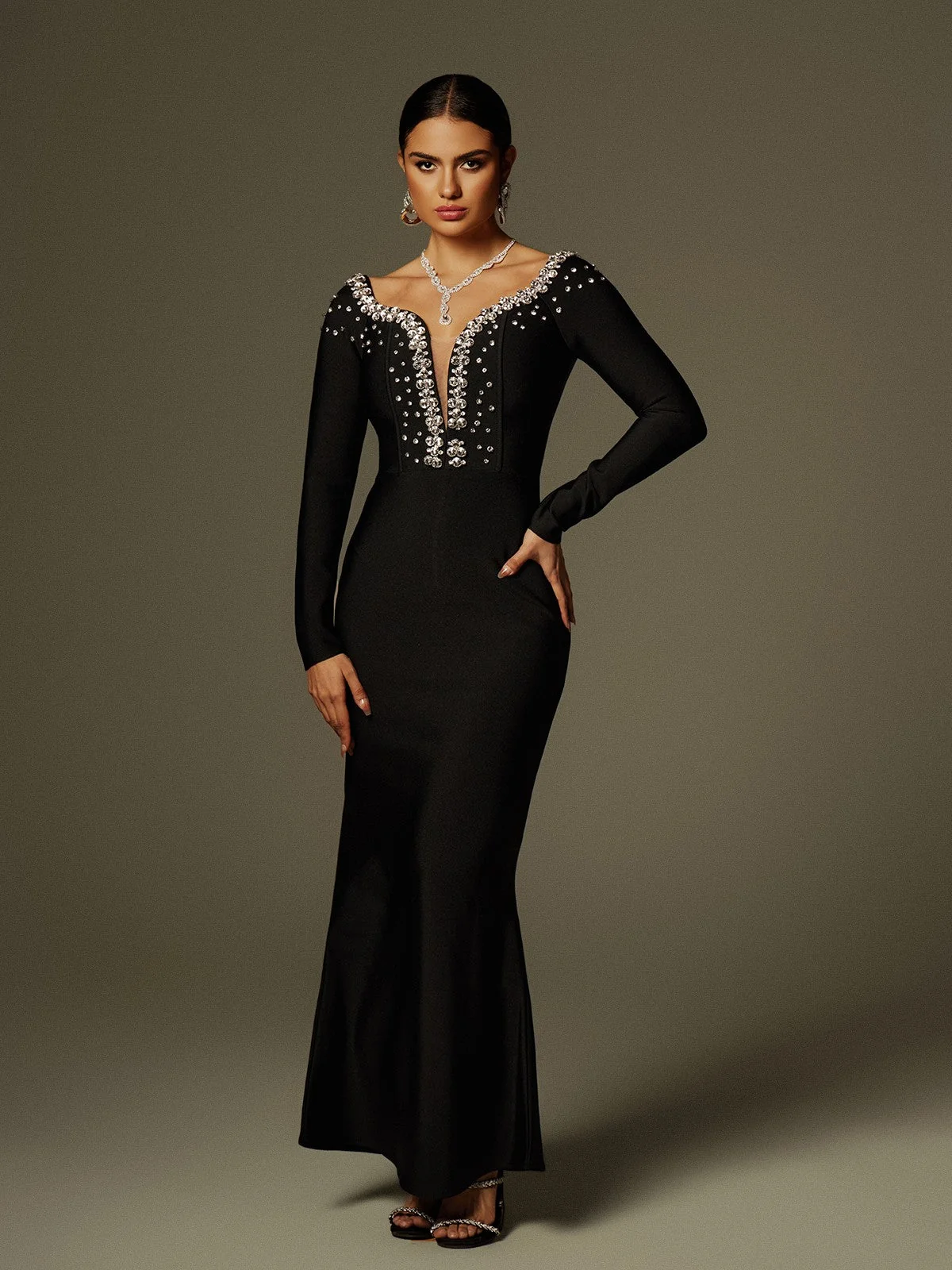 Black V Neck Rhinestone Bandage Maxi Dress