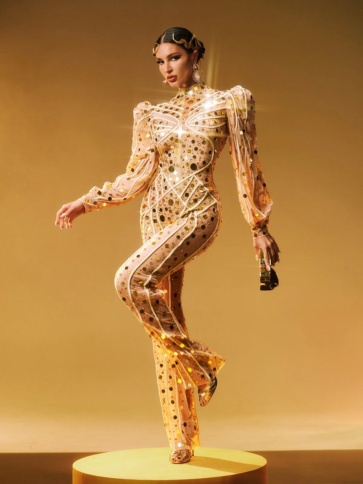 Elegant Embellished Long Sleeve Jumpsuit