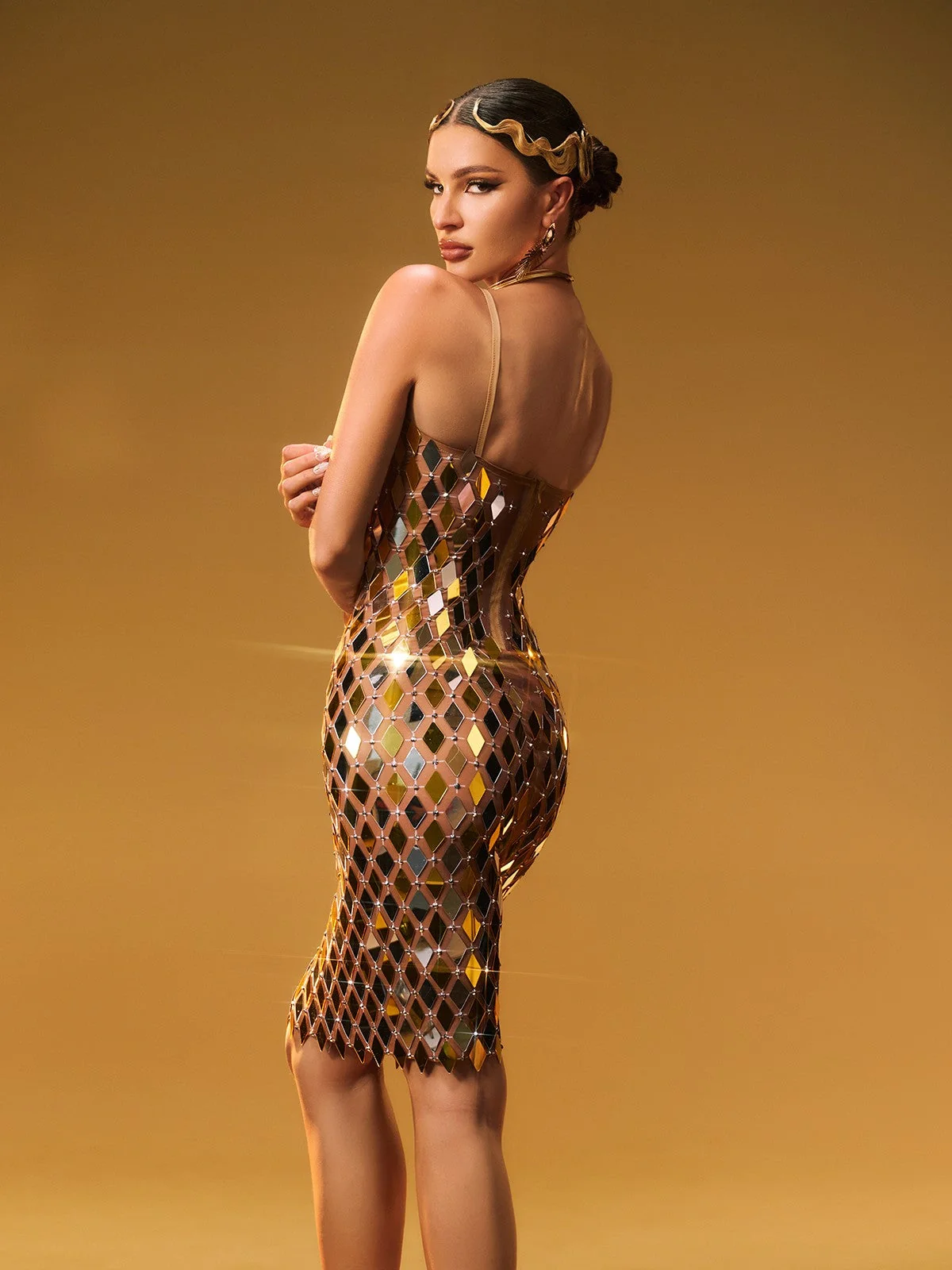 Chic Acrylic Embellished Mini Dress - Elegant Style Statement