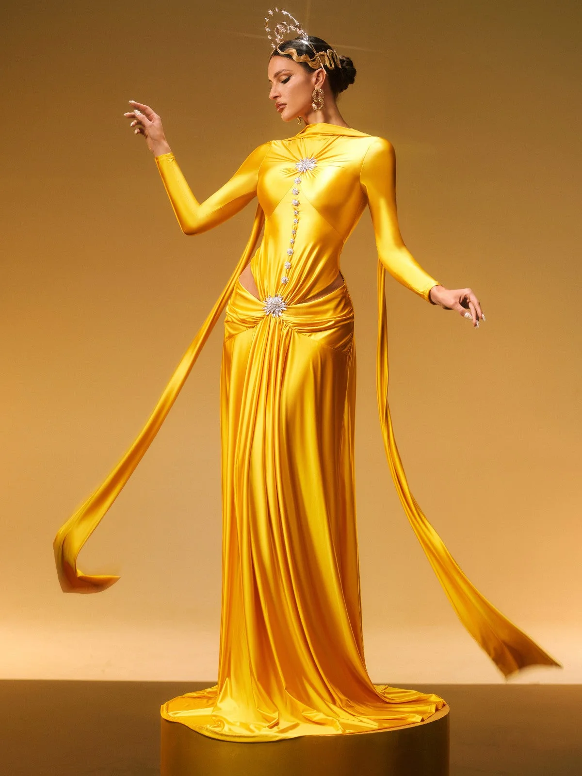 Elegant Crystal Satin Maxi Dress with Long Sleeves