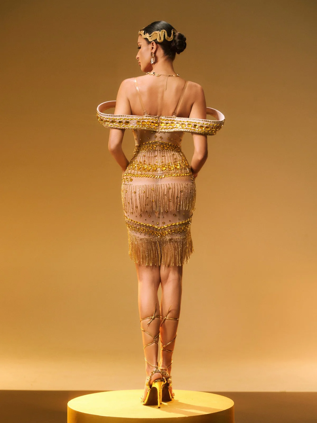 Gold Rhinestone Fringe Off Shoulder Mini Dress