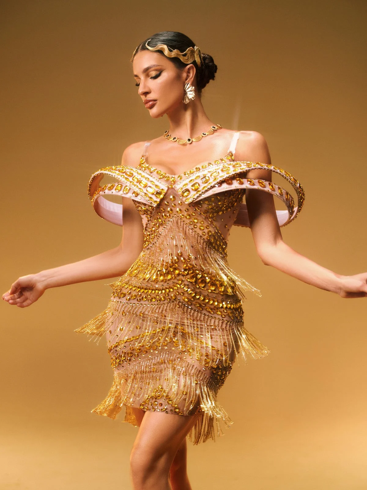 Gold Rhinestone Fringe Off Shoulder Mini Dress