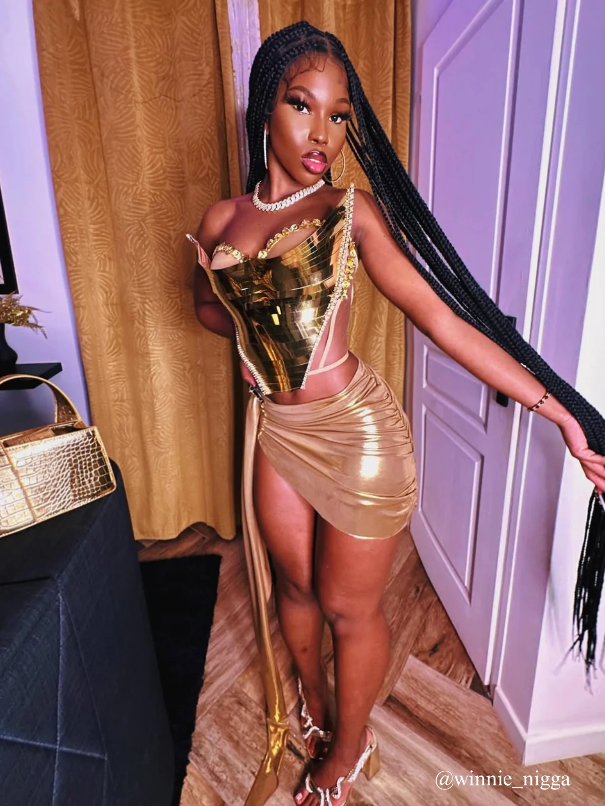 Gold Rhinestone Metallic Skirt Set - Glamorous Night Outfit