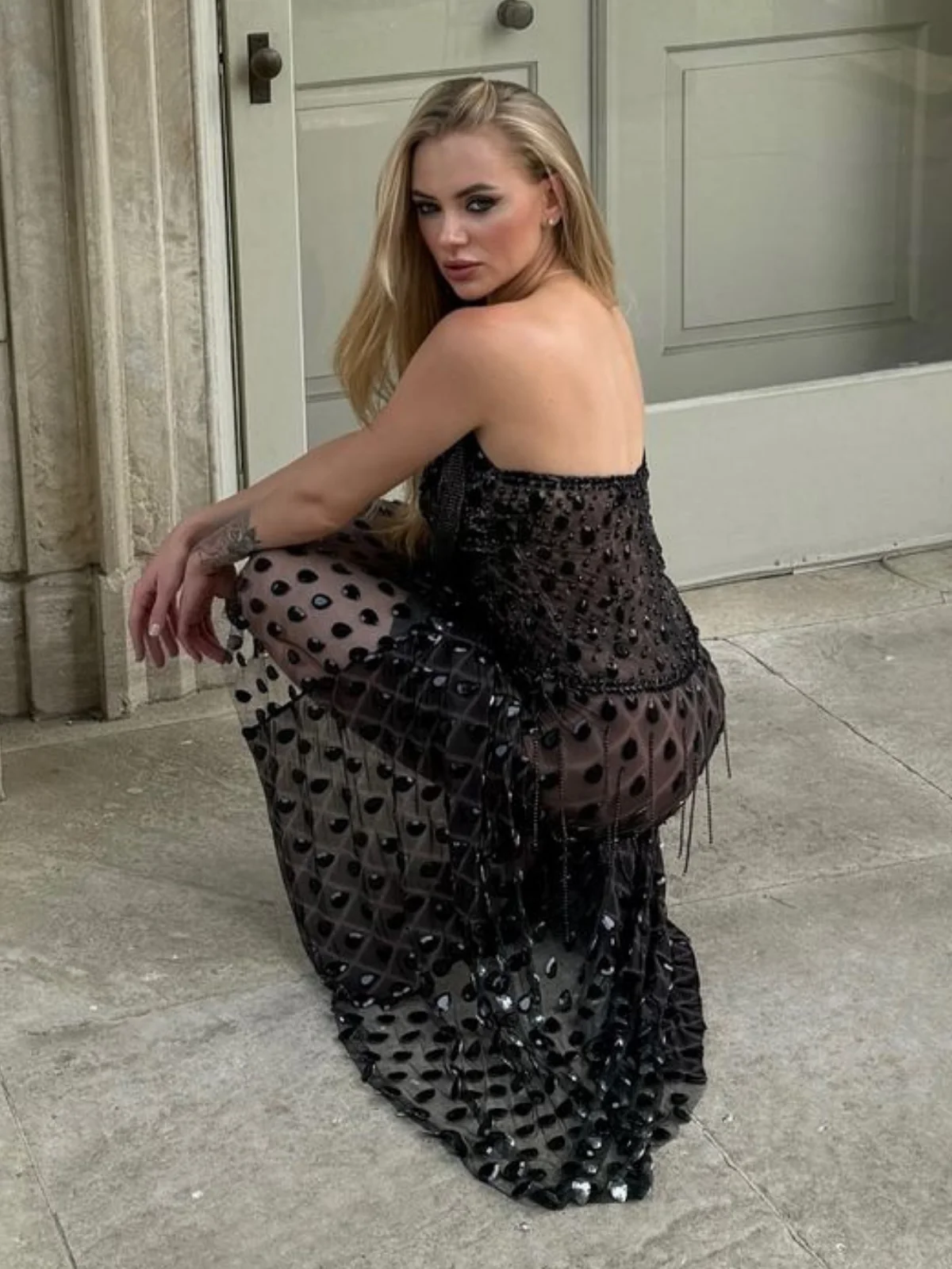 Elegant Rhinestone Fringe Maxi Dress with Strapless Design