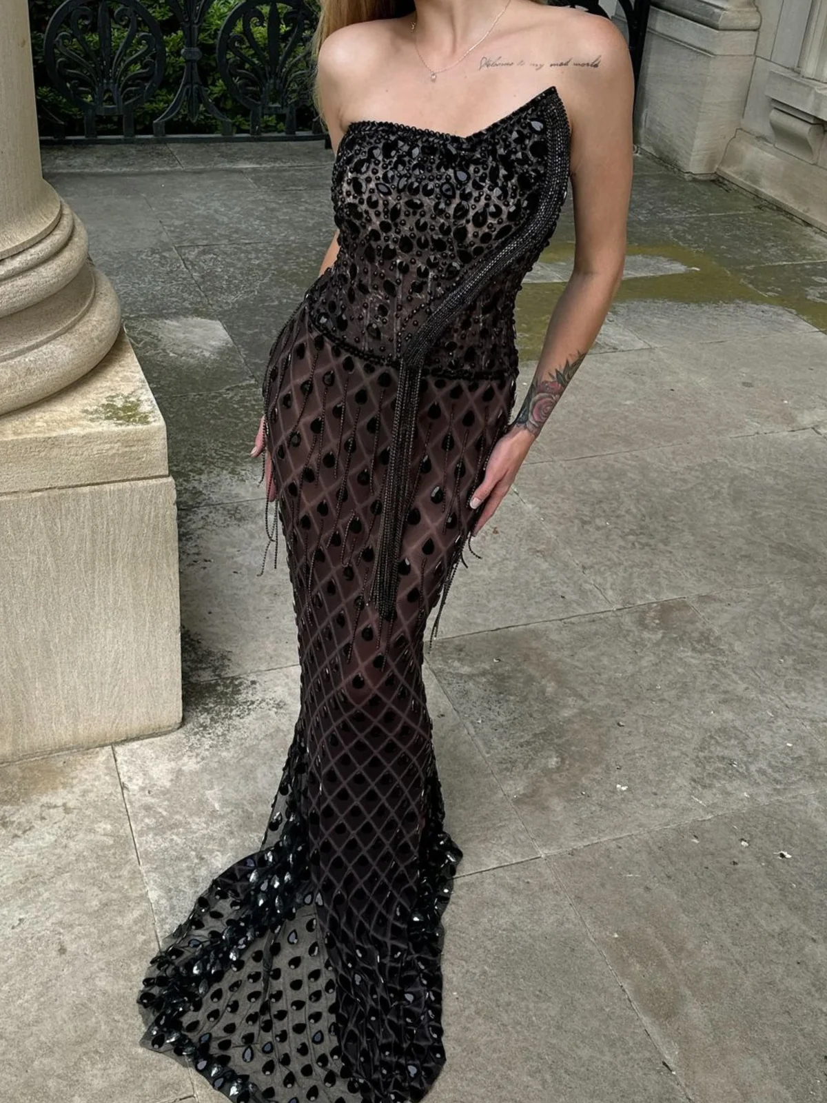 Elegant Rhinestone Fringe Maxi Dress with Strapless Design