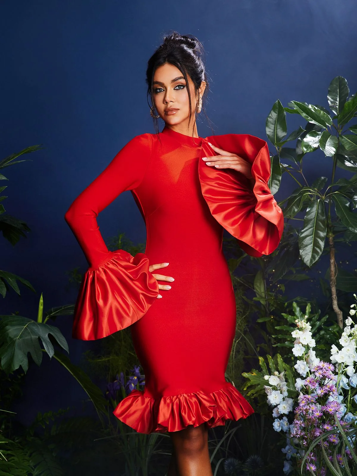 Red Bandage Flounce Sleeve Midi Dress