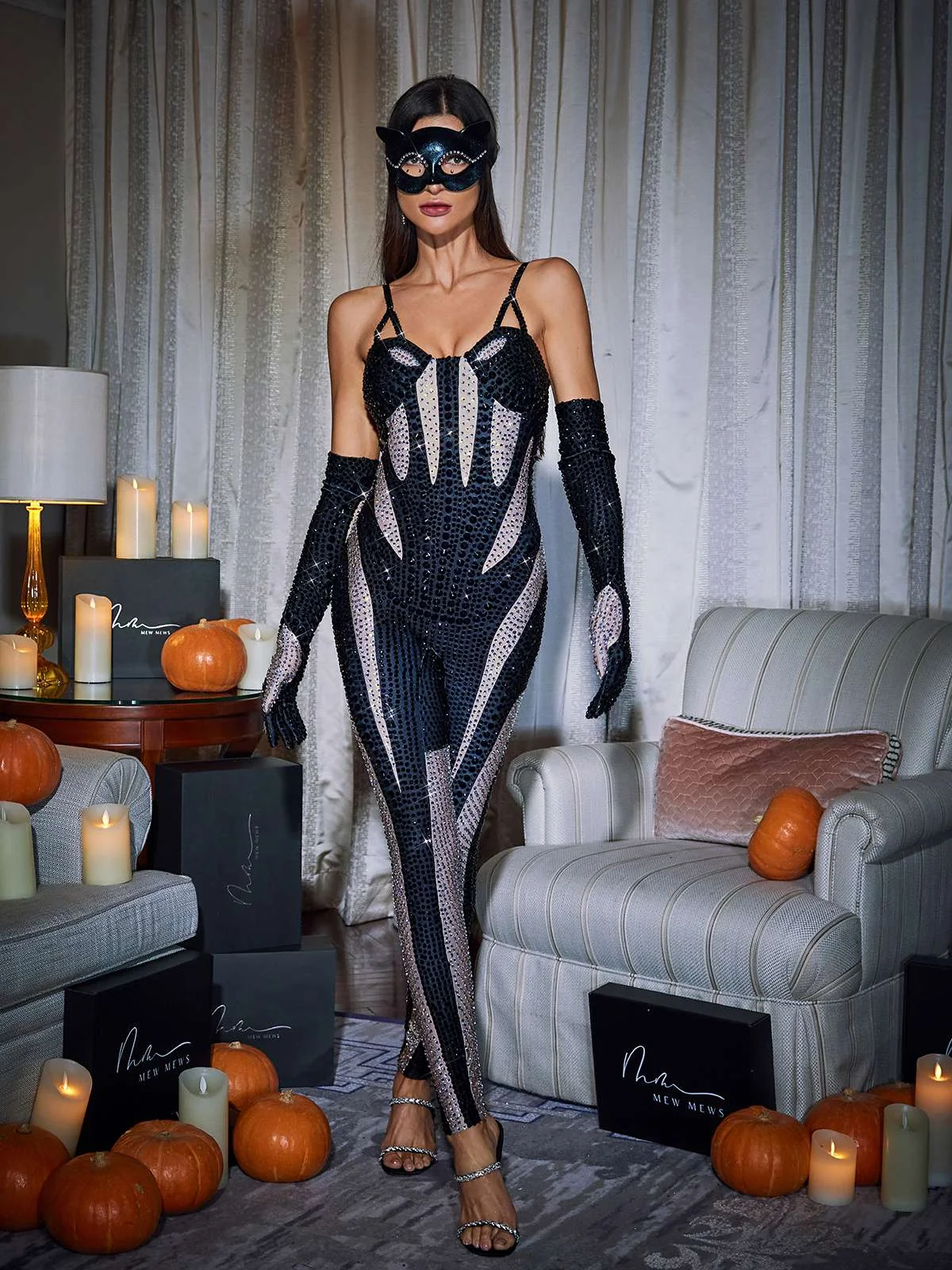 Black Diamante Embellished Jumpsuit with Gloves