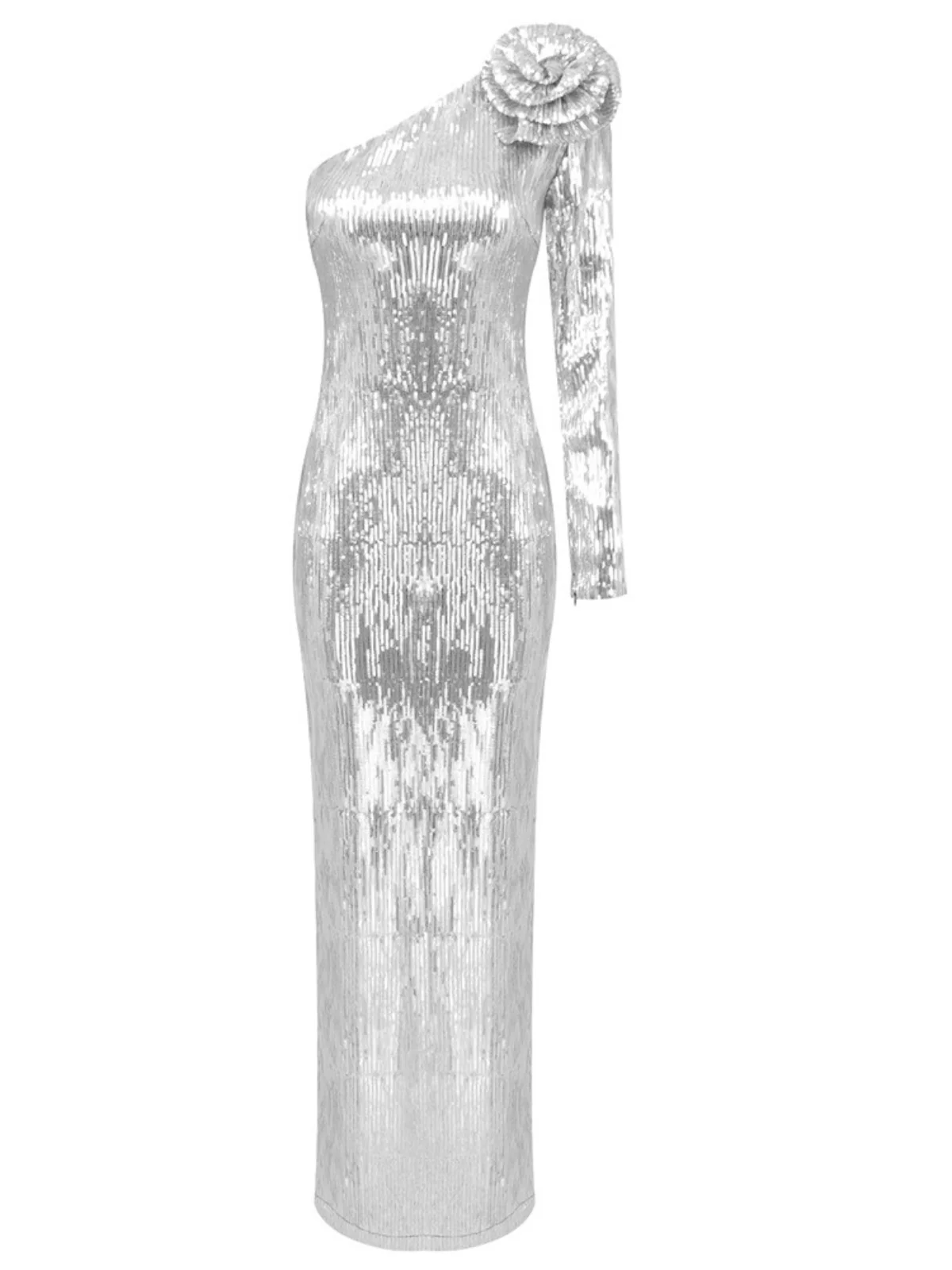 Silver Flower Sequin Maxi Dress - Elegant One Shoulder Design