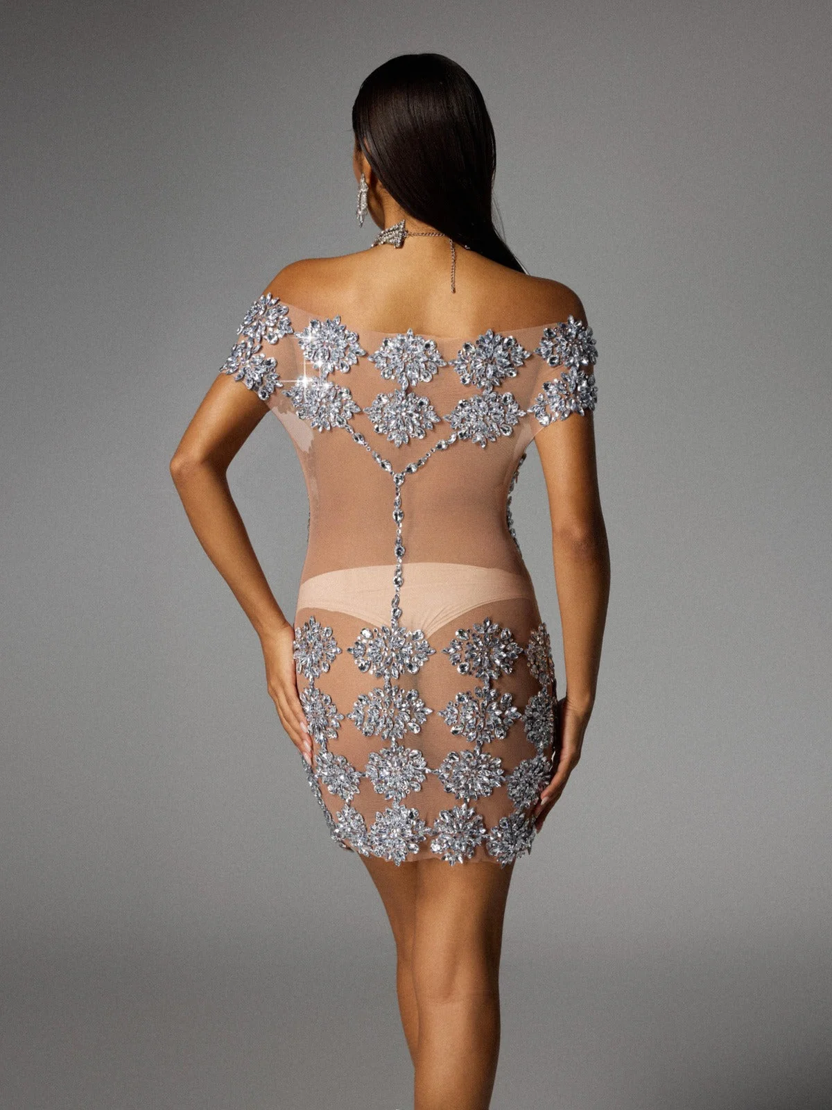 Floral Crystal Mini Dress - Elegant Off Shoulder Style