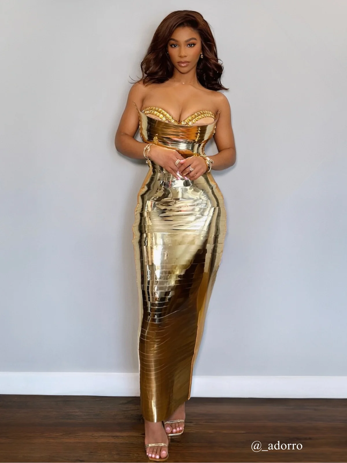Gold Metallic Strapless Midi Dress with Elegant Design