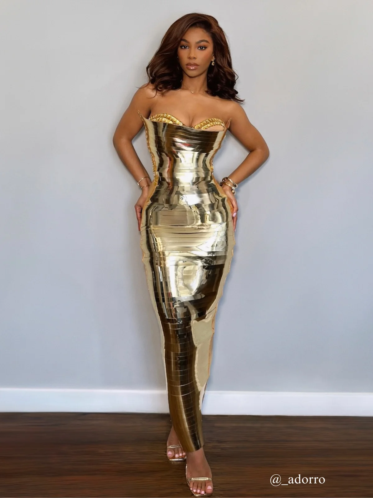 Gold Metallic Strapless Midi Dress with Elegant Design