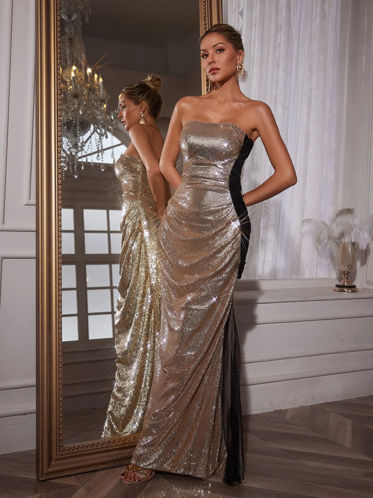 Floral Strapless Maxi Dress in Gold Sequins