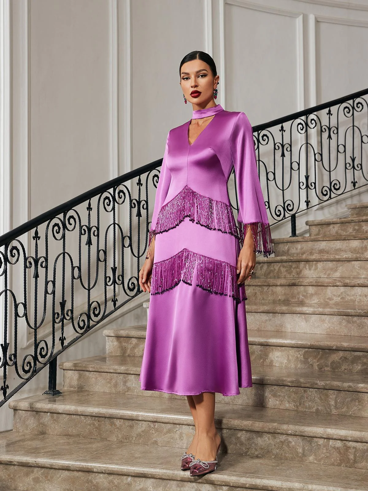 Purple Glitter Fringe Satin Dress - Statement Piece for Confidence