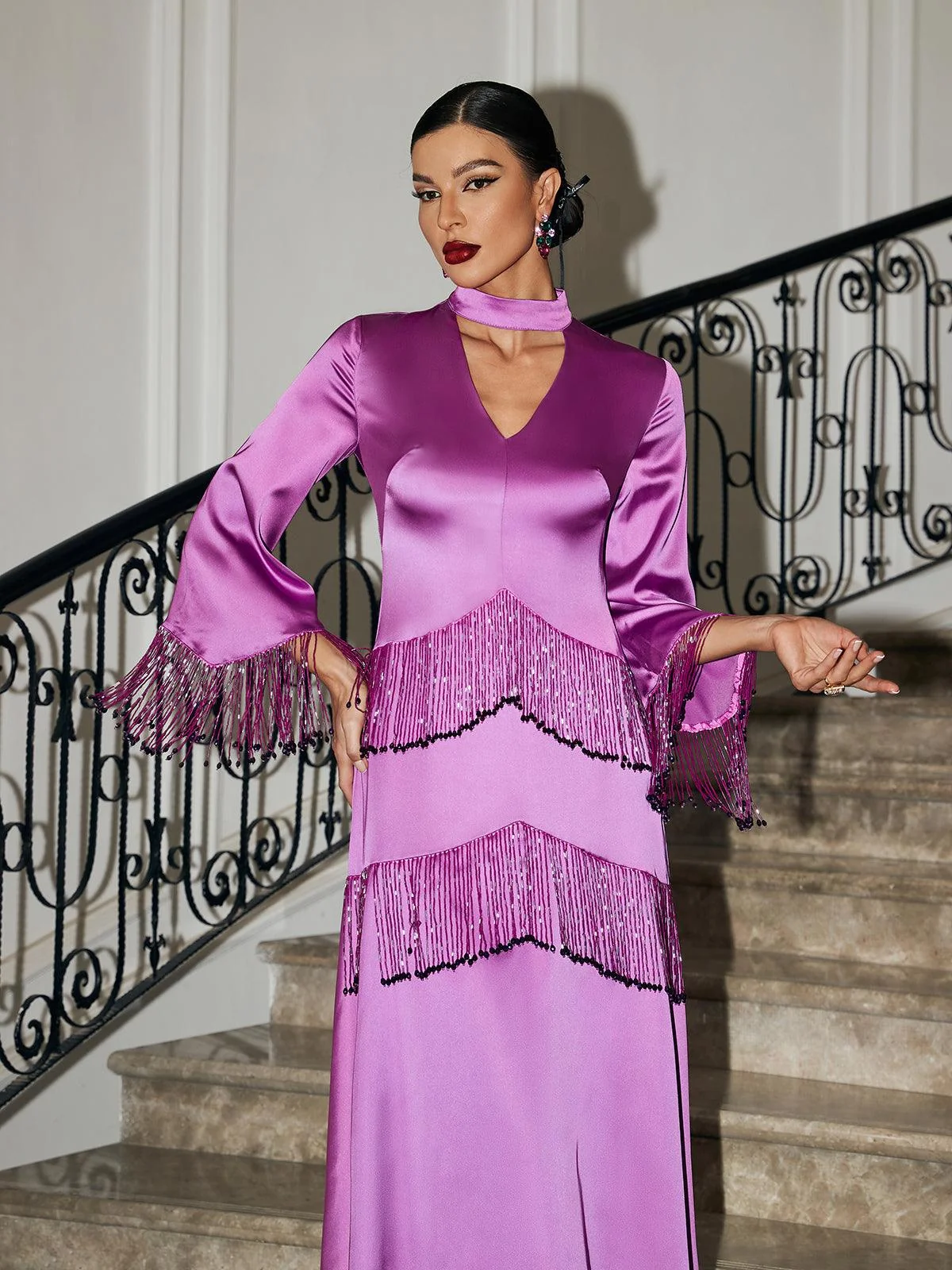 Purple Glitter Fringe Satin Dress - Statement Piece for Confidence