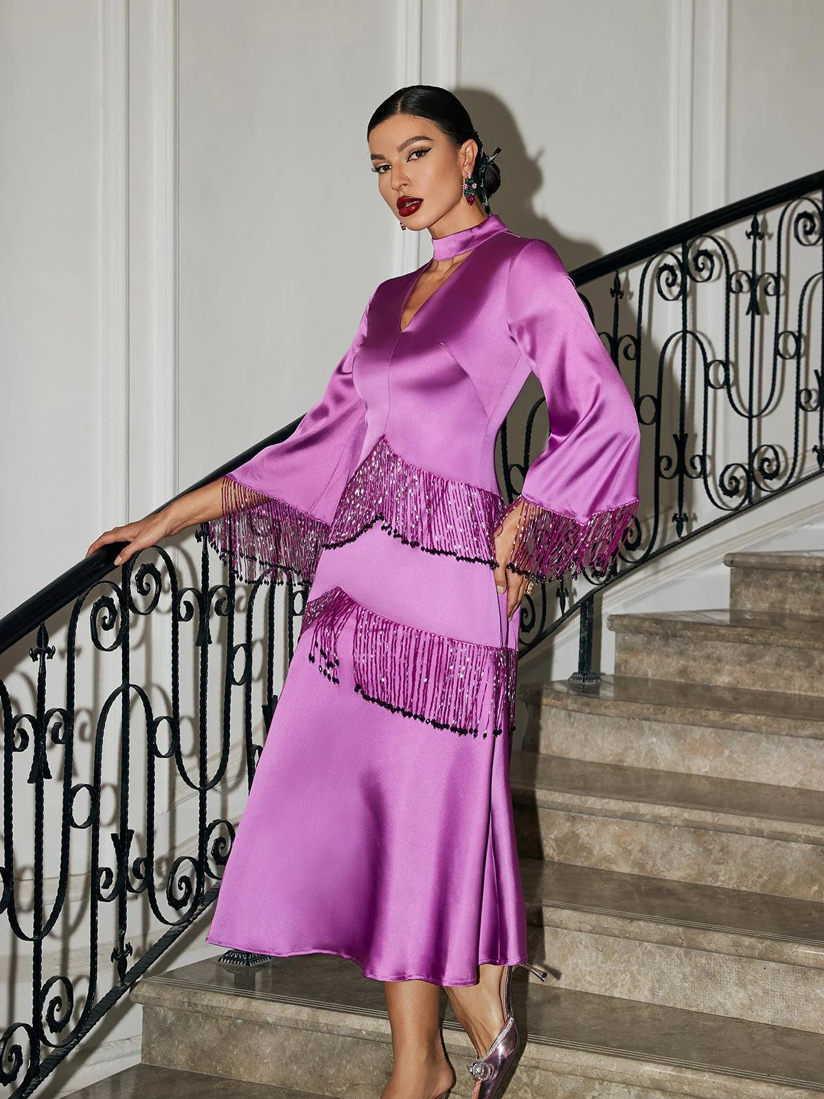 Purple Glitter Fringe Satin Dress - Statement Piece for Confidence