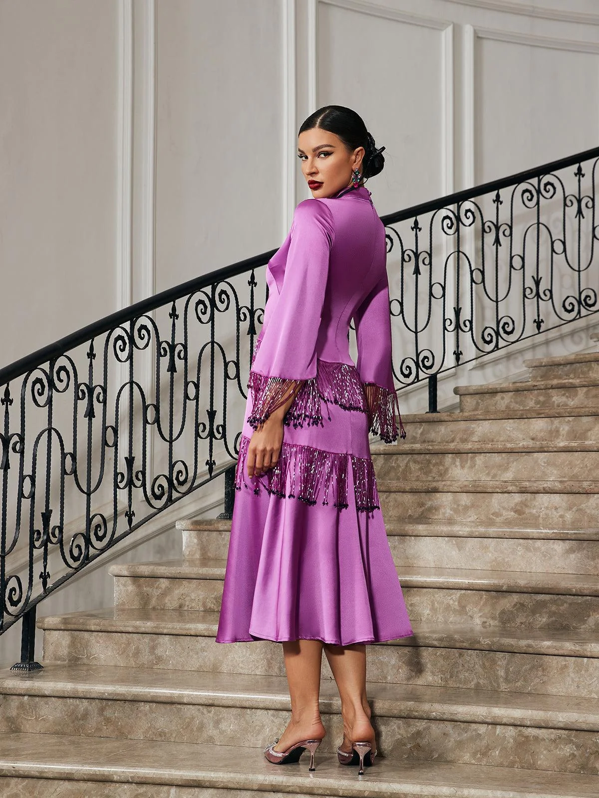 Purple Glitter Fringe Satin Dress - Statement Piece for Confidence