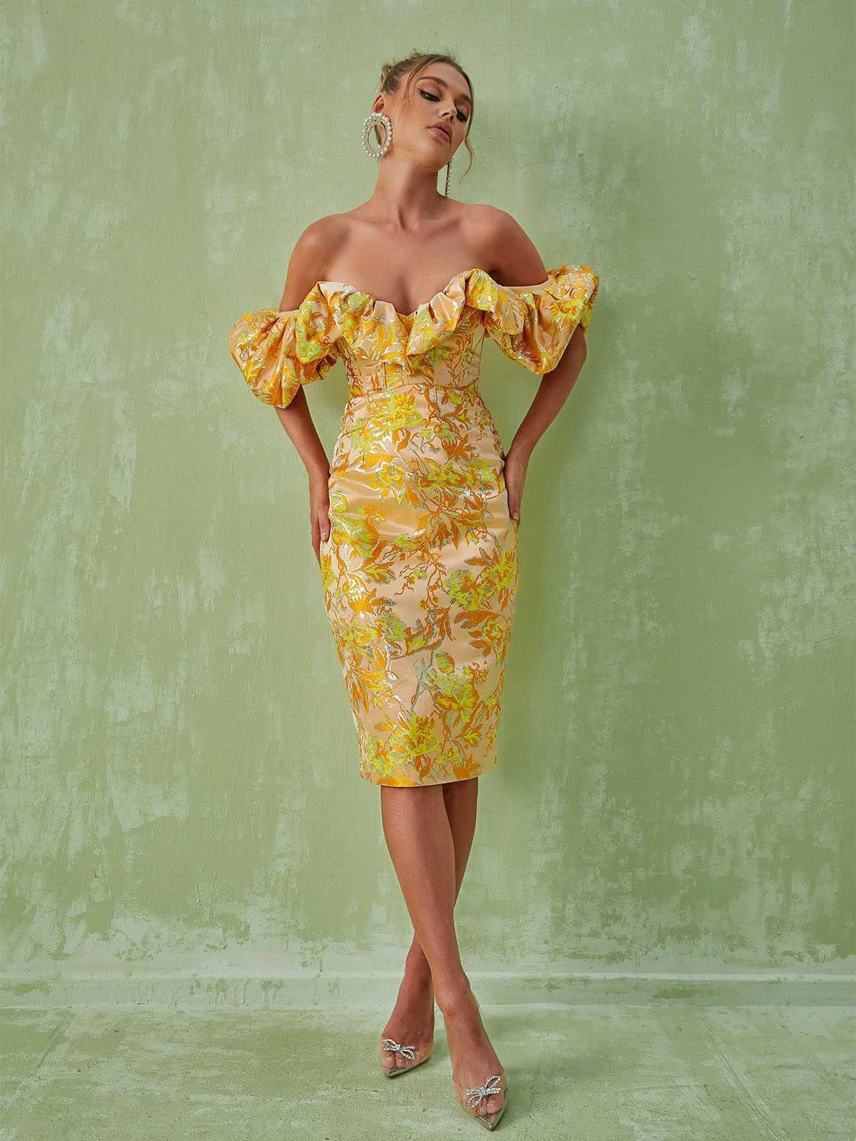 Elegant Off Shoulder Jacquard Midi Dress in Yellow