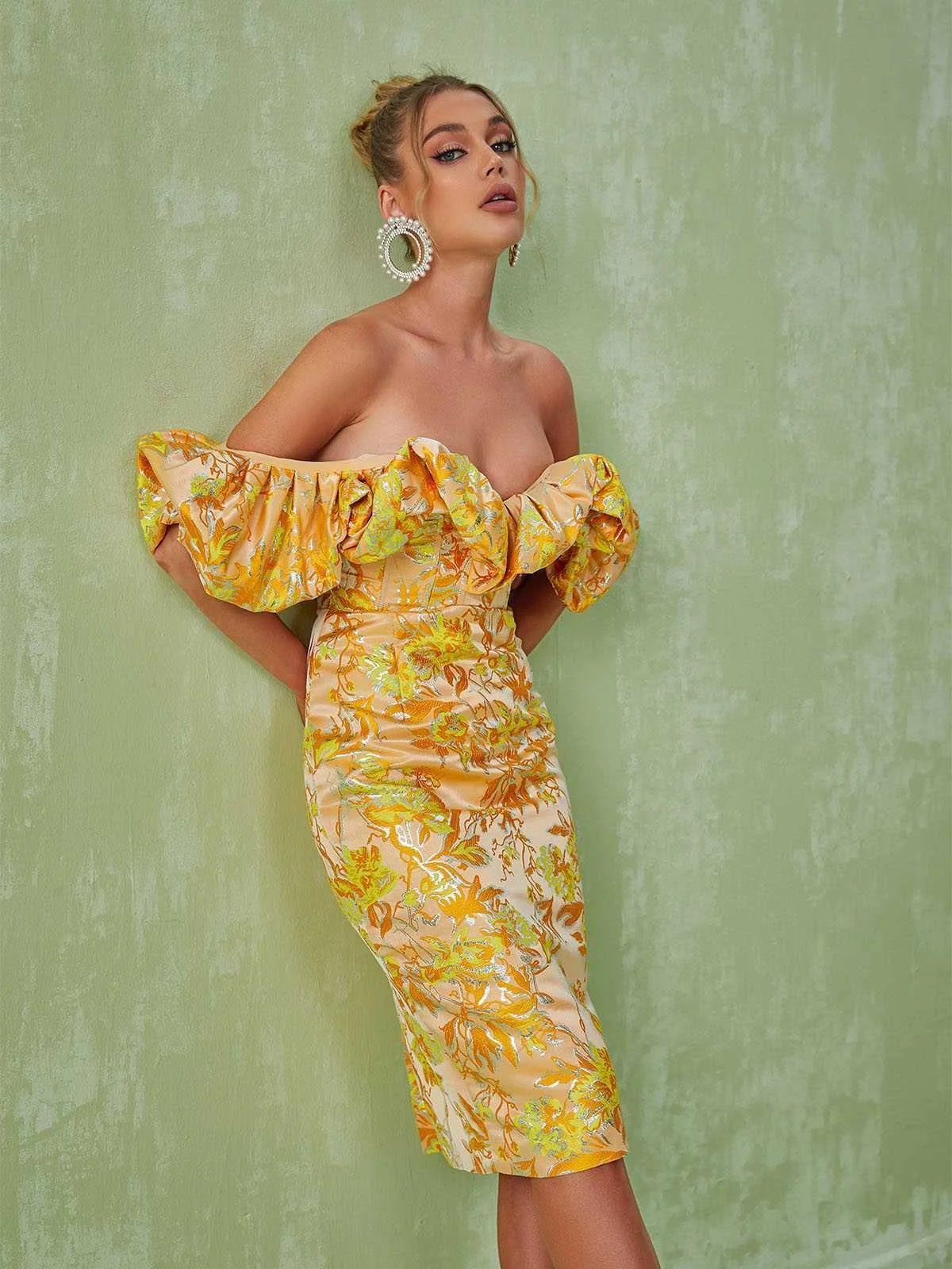 Elegant Off Shoulder Jacquard Midi Dress in Yellow