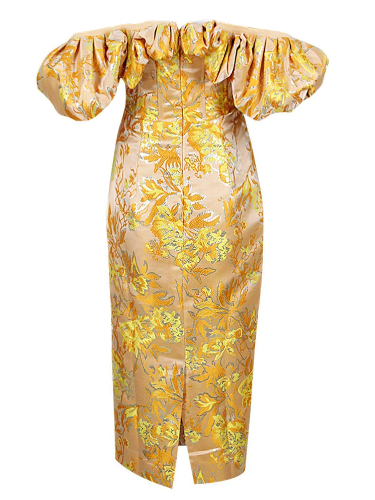 Elegant Off Shoulder Jacquard Midi Dress in Yellow