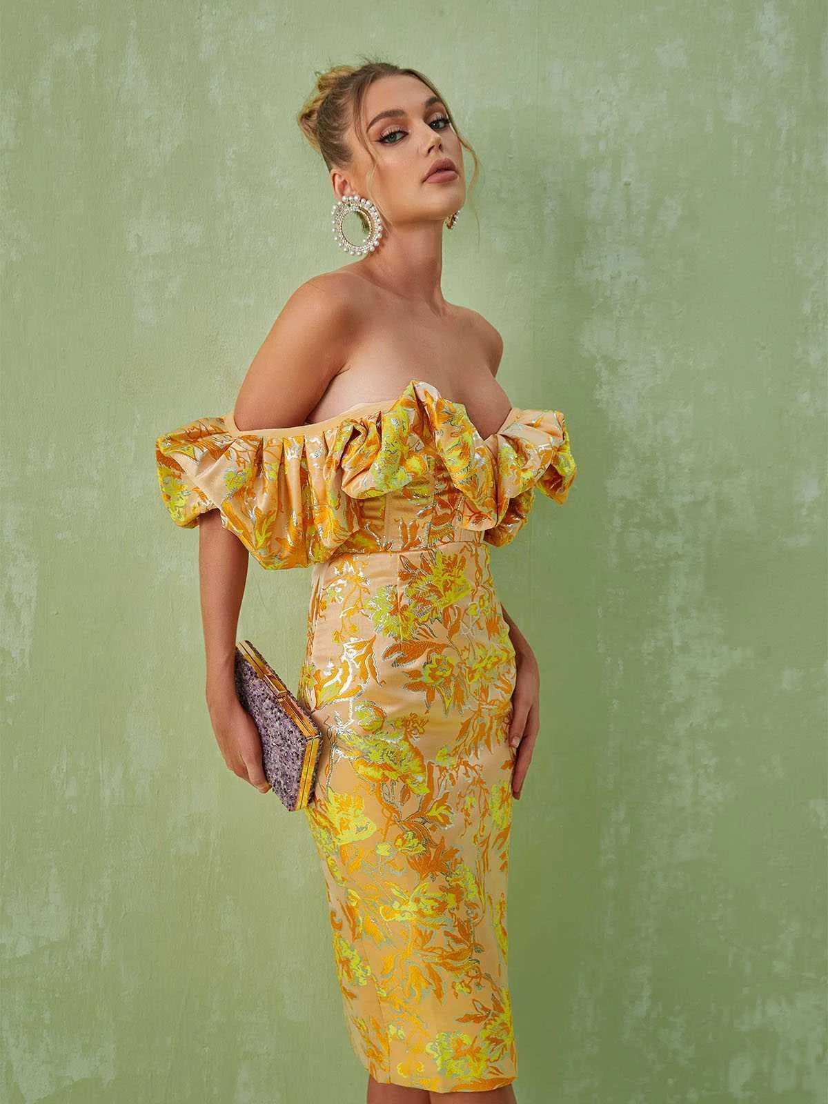 Elegant Off Shoulder Jacquard Midi Dress in Yellow