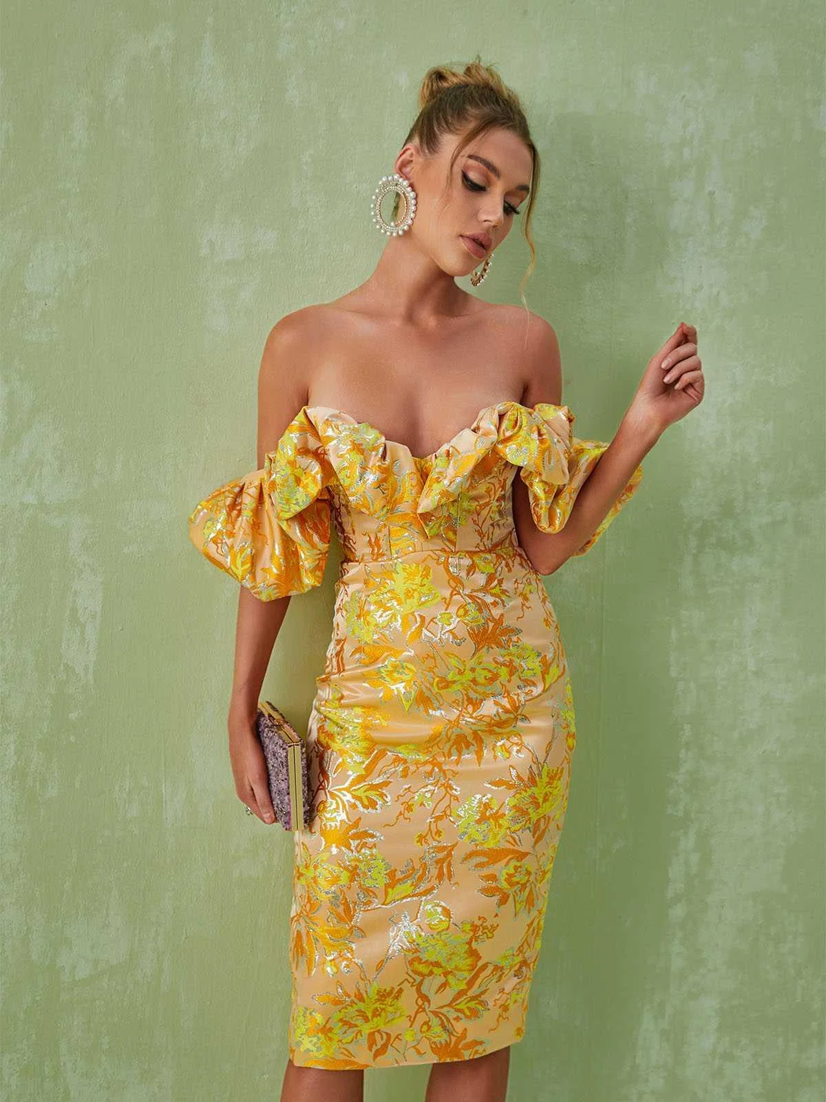 Elegant Off Shoulder Jacquard Midi Dress in Yellow
