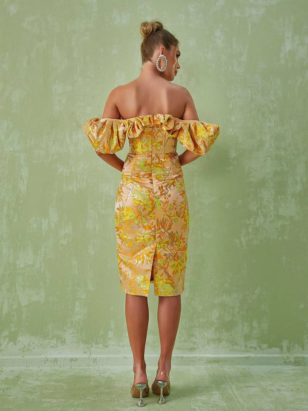 Elegant Off Shoulder Jacquard Midi Dress in Yellow