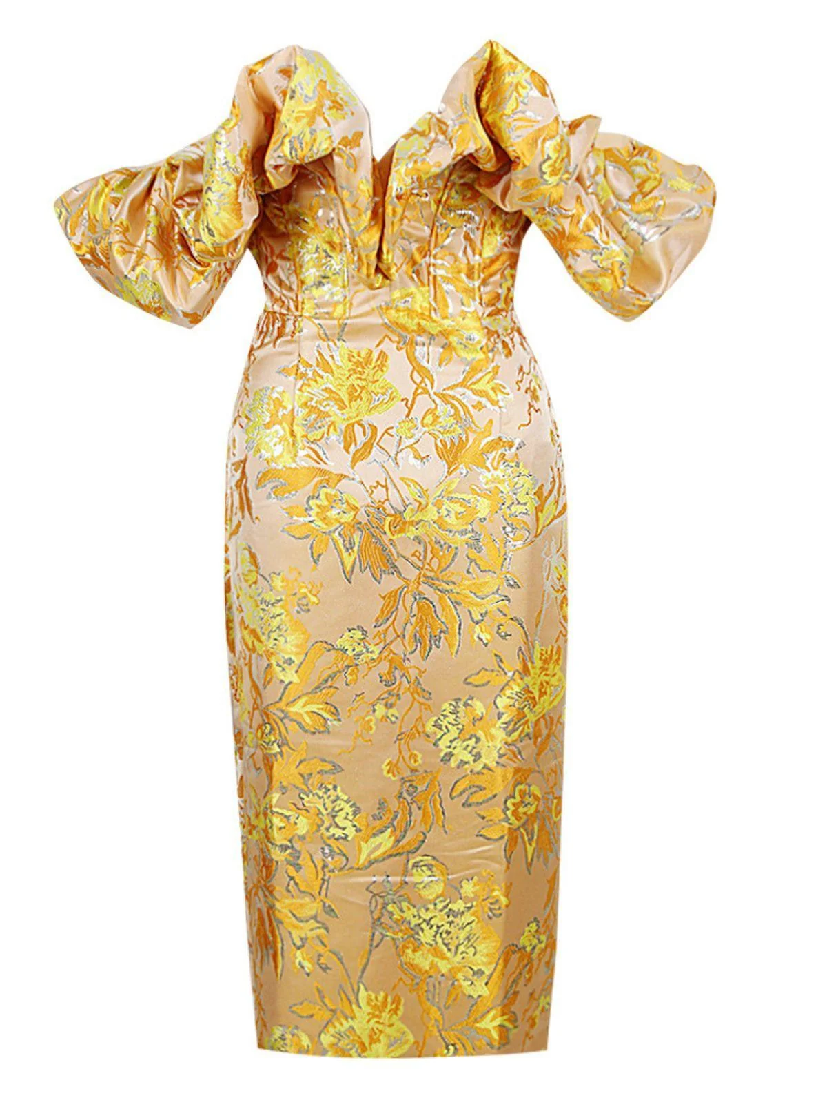 Elegant Off Shoulder Jacquard Midi Dress in Yellow