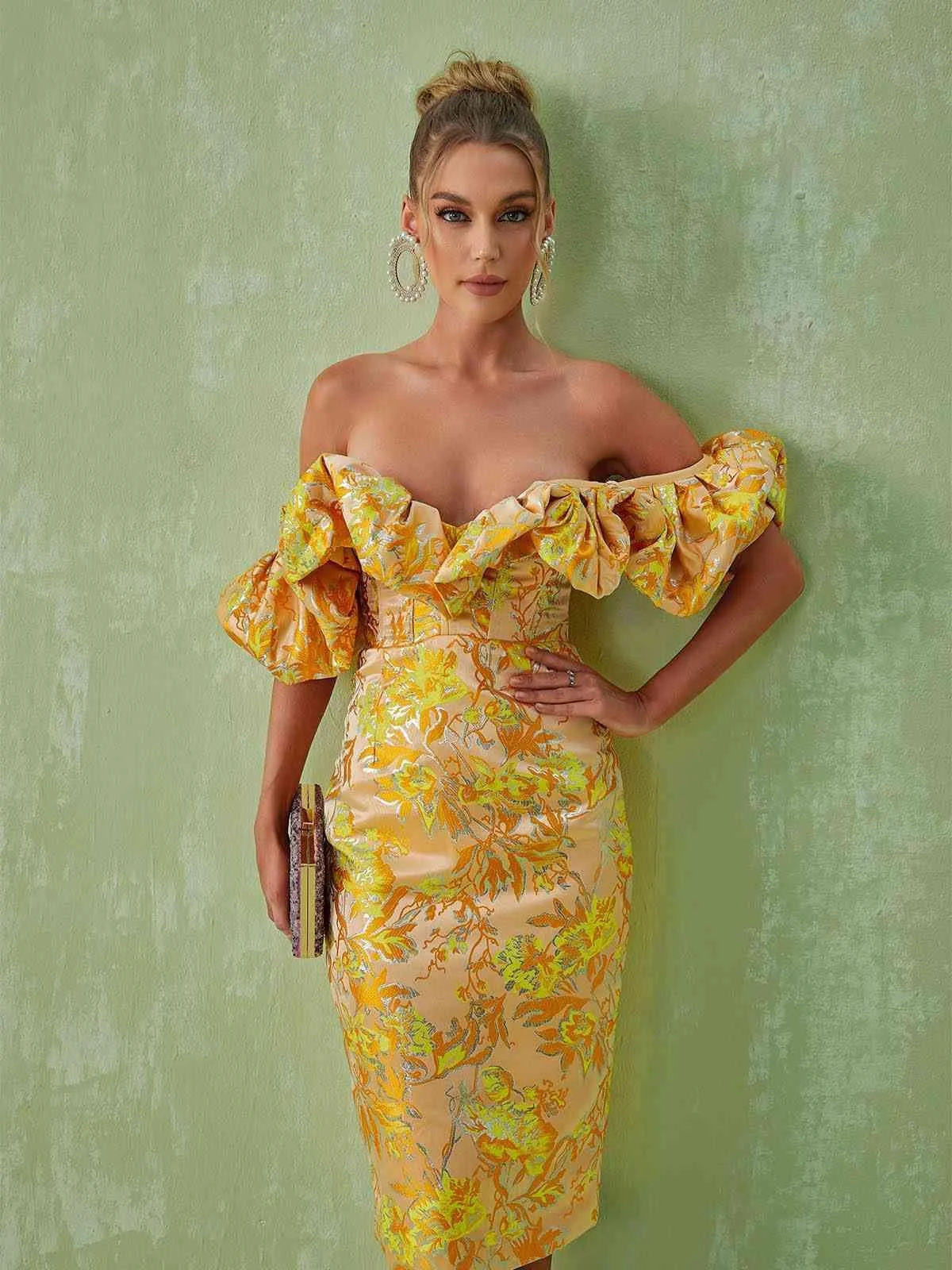 Elegant Off Shoulder Jacquard Midi Dress in Yellow